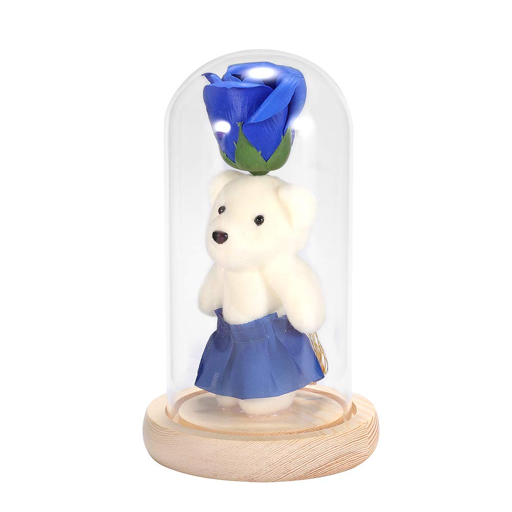 LED Rose Bear with Glass Cover - Blue Eternal Flower Gift for Valentine's Day, Birthday & Anniversaries | Romantic Home Decor, Wedding Centerpiece, Bedroom Night Light