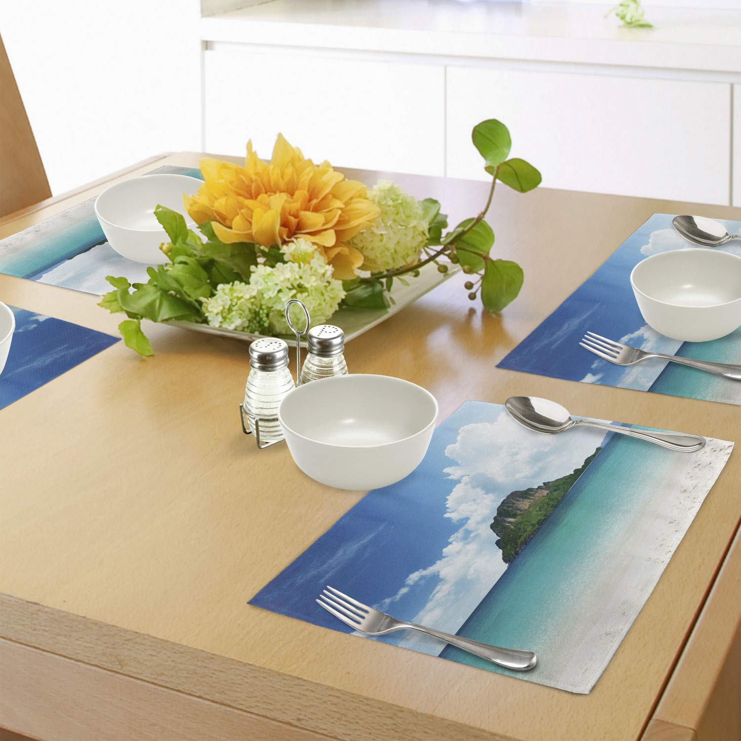 Ambesonne 4-Piece Island Place Mats Set – Thailand South Tropic Paradise Poda Island Photo Design, Washable Fabric Table Mats for Dining Room & Kitchen Decor in Blue White Cream – Perfect for Beach House, Tropical Theme Parties & Summer Dining