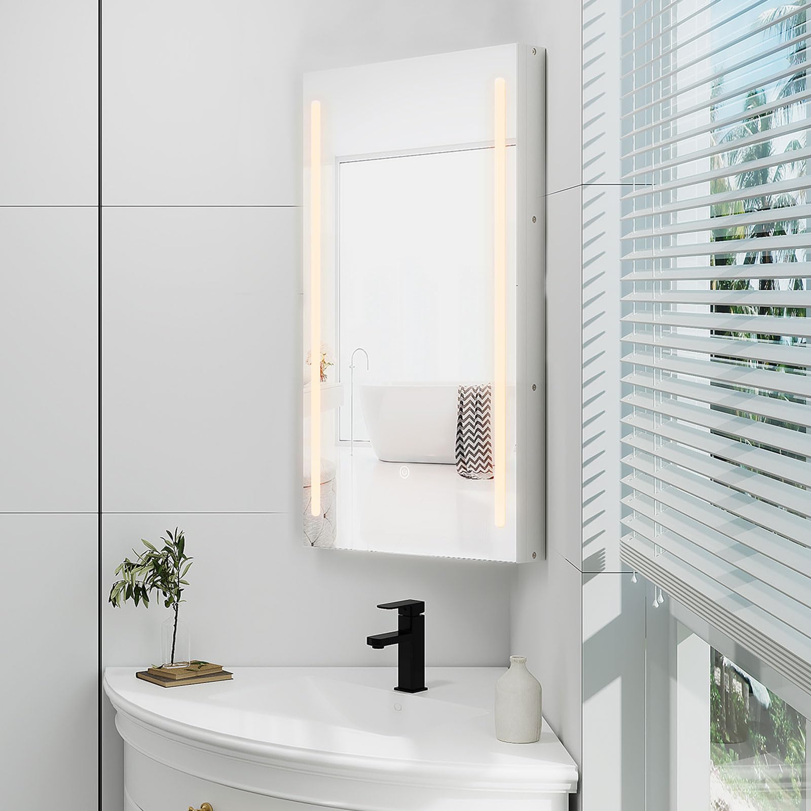 Corner Medicine Cabinet with LED Lights and Mirror - 14x24 Inch Small Wall Mounted Bathroom Cabinet in White - Perfect for Bathroom, Vanity, and Small Space Storage