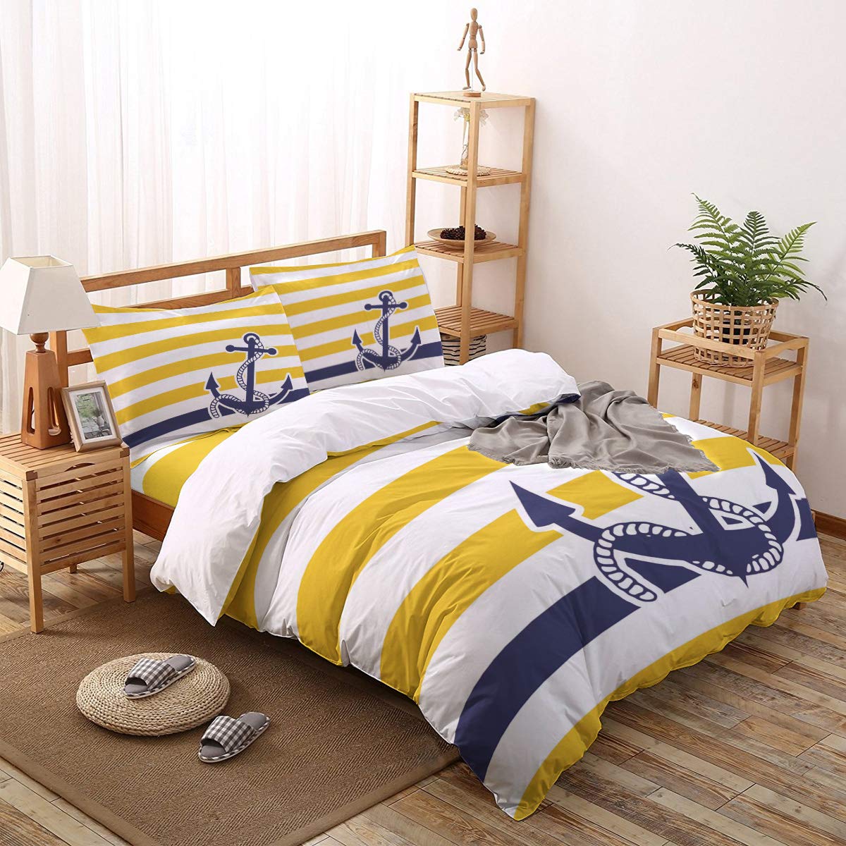 Navy Blue Nautical Anchor Duvet Cover Queen Size Set - 4 Piece Modern Bedding with Yellow & White Stripes, Zipper Closure & Ties | Soft Comforter Cover for Men, Women & Kids | Perfect for Coastal, Nautical or Beach Themed Bedrooms