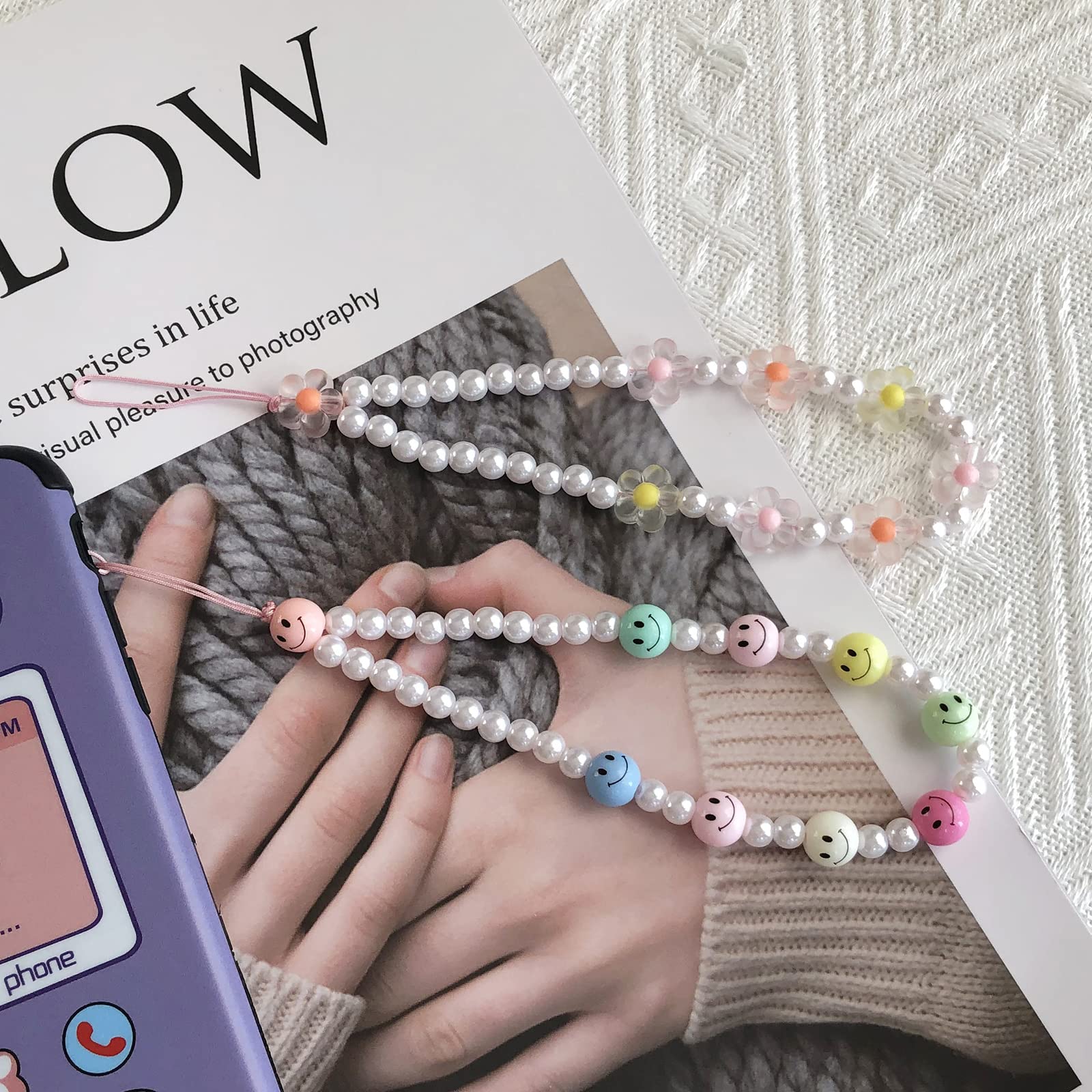 Y2K Cute Beaded Phone Lanyard Wrist Strap - Smiley Face & Flower Anti-Lost Bracelet Chain for Women | Perfect for Work, Travel & Phone Security