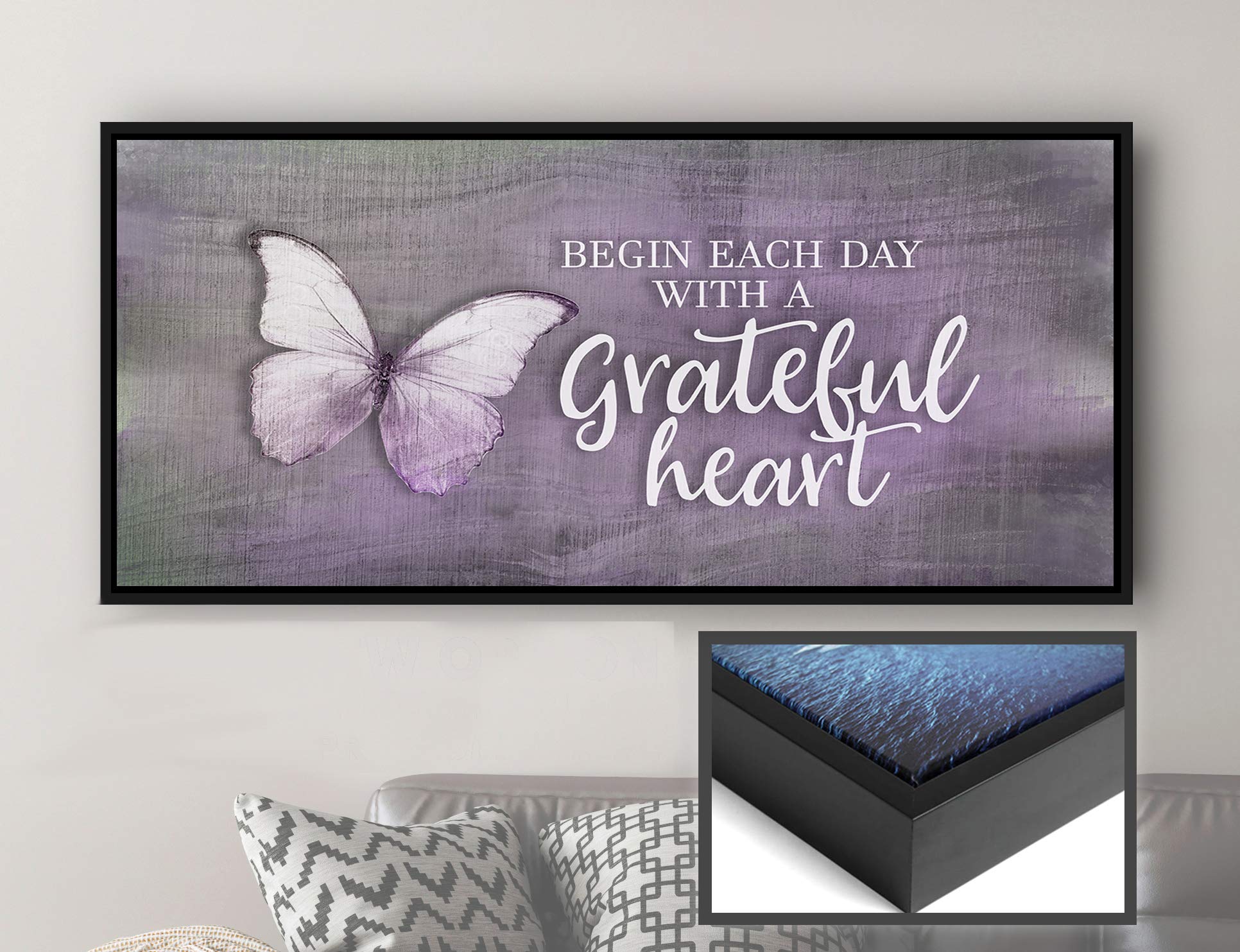 Inspirational Butterfly Wall Art with Quote - Large Religious Canvas Décor in Purple (42x19 Inch, Black Floating Frame) for Home, Office & Meditation Room Decor