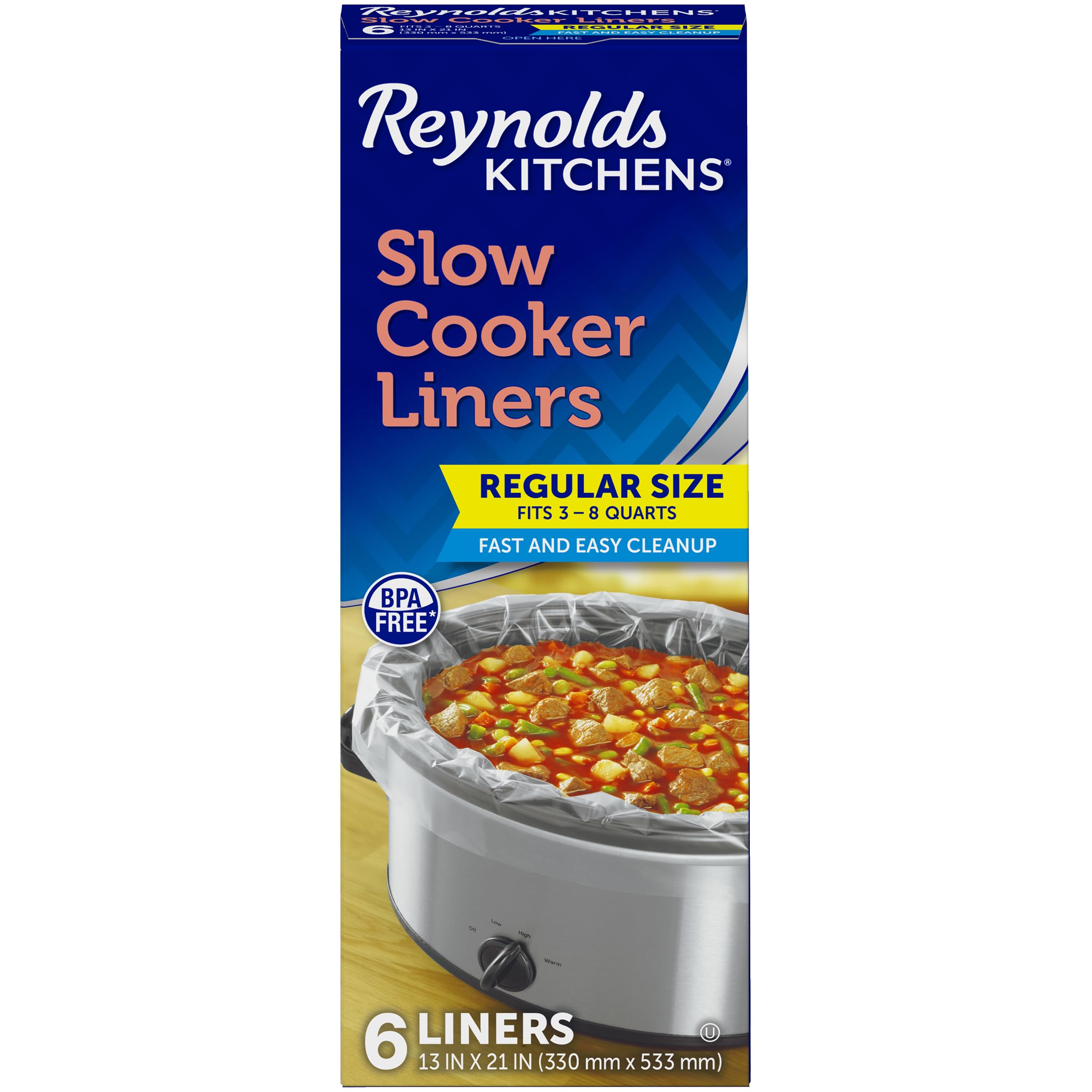 Reynolds Kitchens Slow Cooker Liners - 6 Pack (Fits 3-8 Quart Crock Pots) - Disposable Cooking Bags for Easy Cleanup - Perfect for Stews, Soups, and Meals