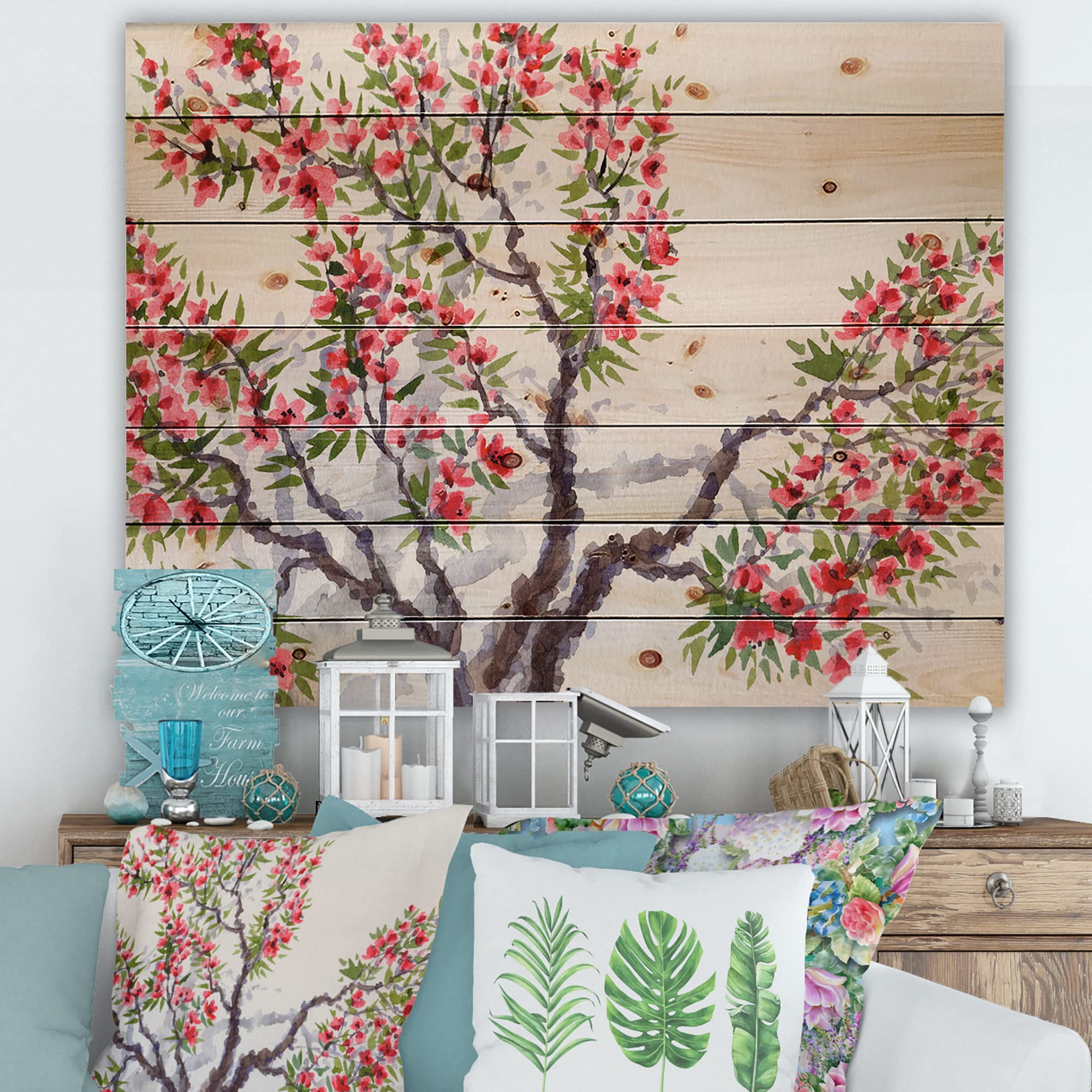 DesignQ Traditional Red Blossoming Tree Floral Wood Wall Art - Large Pine Wood Wall Decor Panel for Living Room, Bedroom & Office