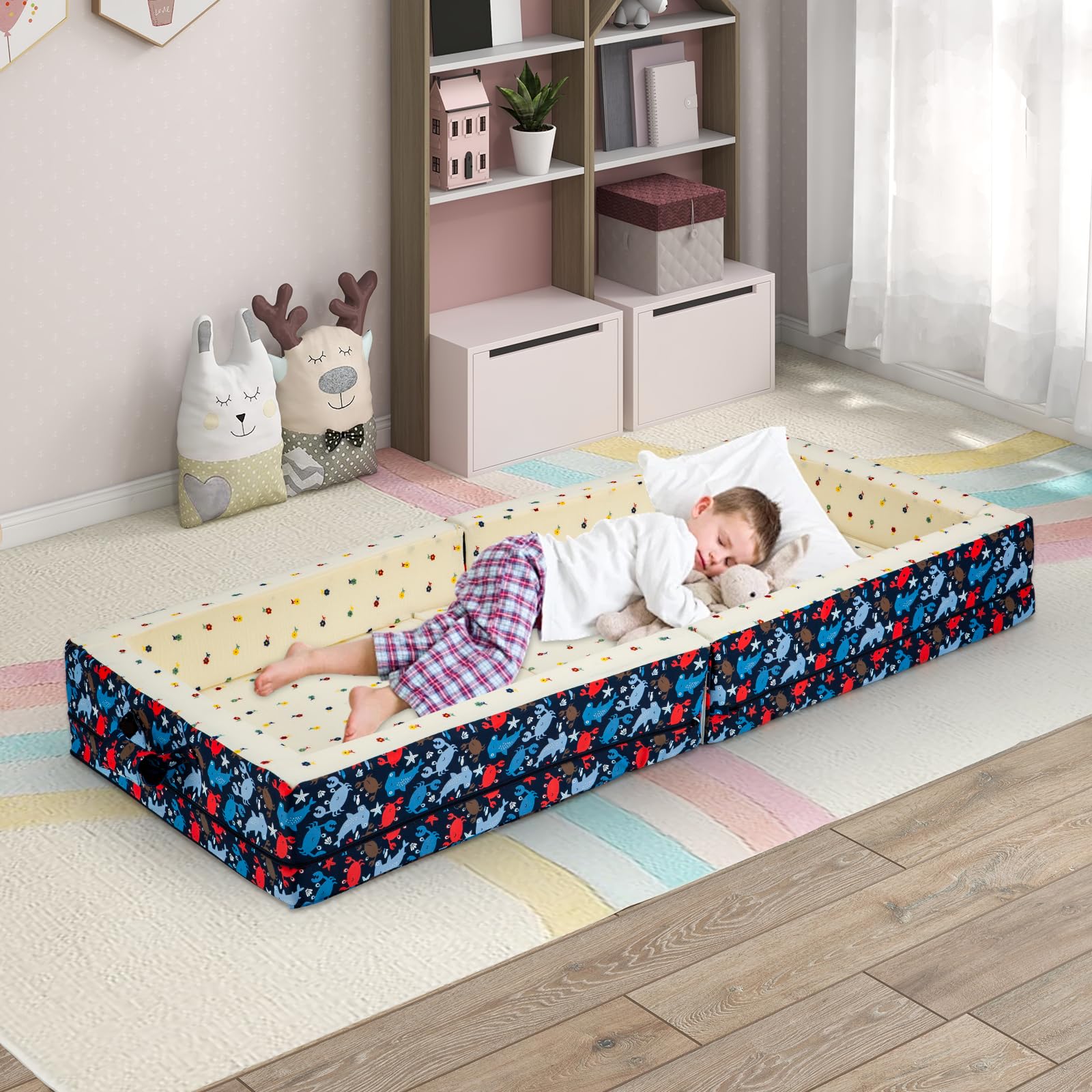 100% Cotton Portable Foldable Toddler Travel Bed - Soft Foam Floor Mattress with Washable Cover | Safe & Comfortable Baby Crib for Home, Daycare & Travel | Ocean Blue