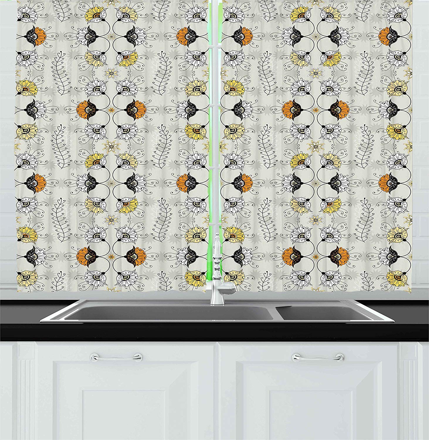 Futuregrace Grey & Yellow Blackout Kitchen Curtains - Ethnic Paisley Floral Design with Ivy Swirls & Leaves - 2 Panels 104