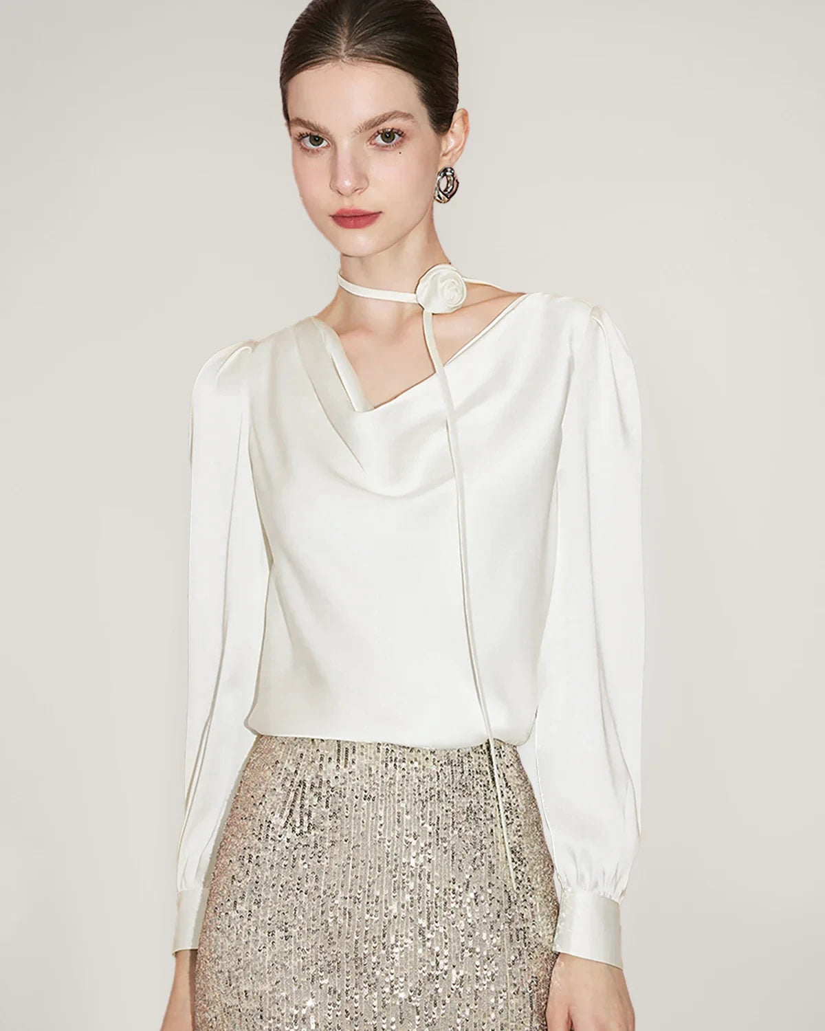 Elegant Draped Collar Silk Blouse for Women - Luxury Satin Shirt for Office, Party & Special Occasions