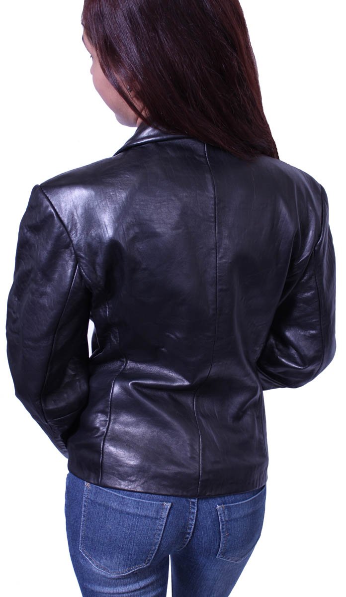Women's Black Sports Blazer Jacket - 3 Button Italian Style Genuine Baby Lamb Leather for Work, Office & Evening Out