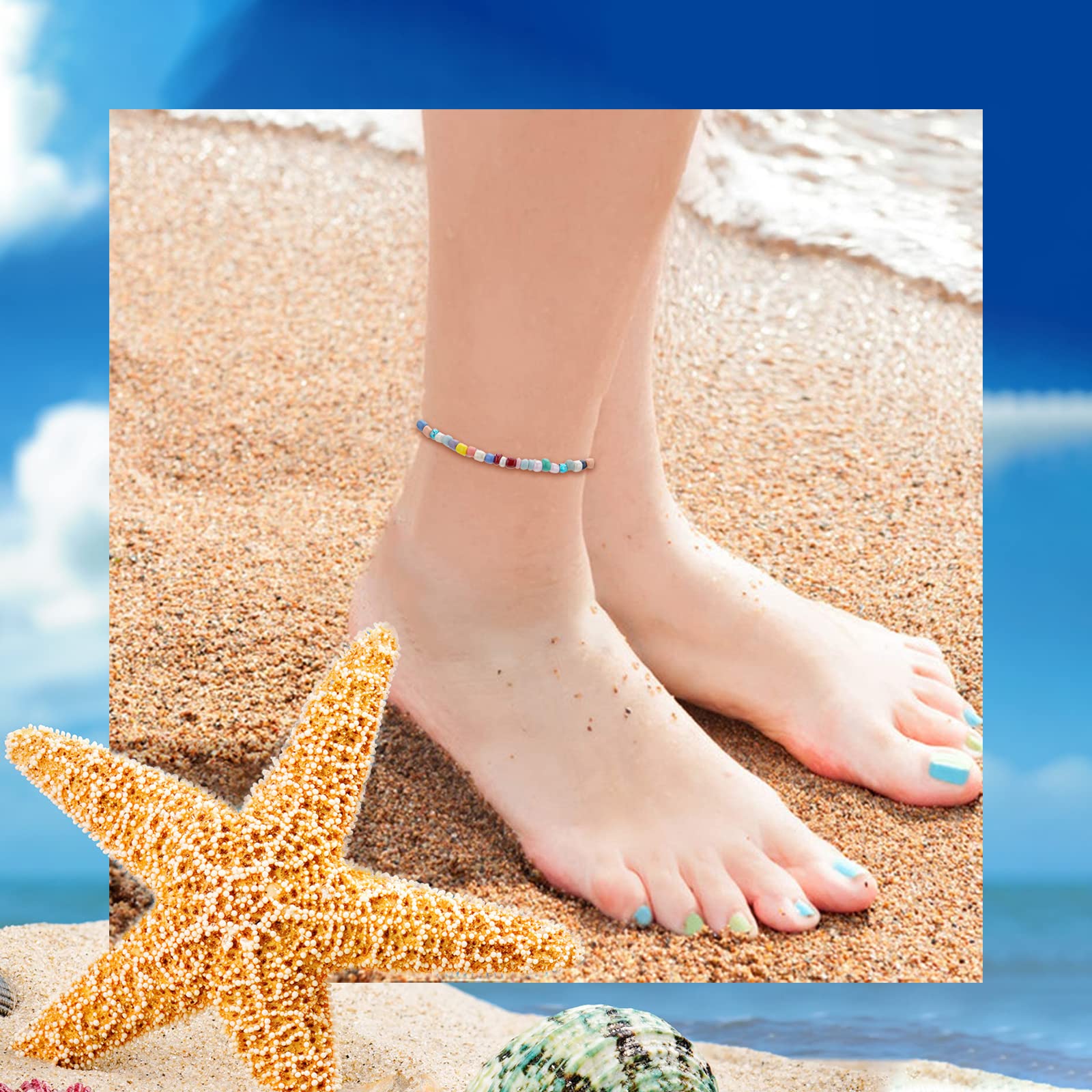 VEGCOO 8 Pcs Bohemian Anklet Bracelet Set - Handmade Adjustable Beaded Ankle Bracelet with Colorful Glass Beads, Foot Jewelry for Women & Girls - Perfect for Beach, Summer & Festival Outfits