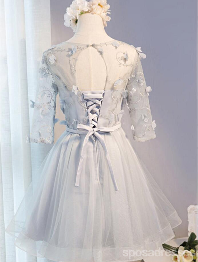 Elegant Gray Lace Long Sleeve Open Back Prom Dress | Affordable Short Party Homecoming Dress | Perfect for Formal Dances, Weddings & Special Occasions | Style CM283