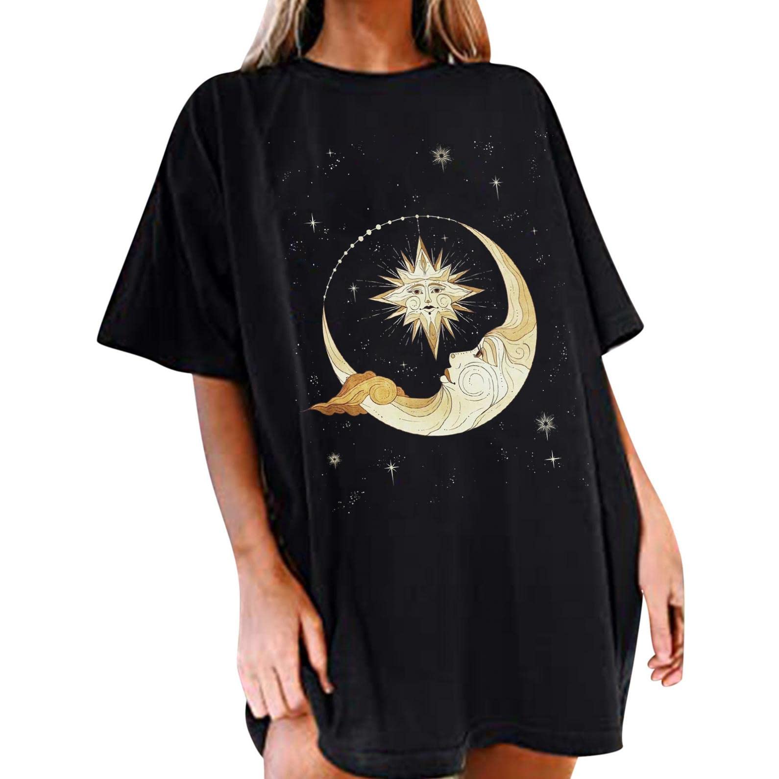 Women's Crew Neck Short Sleeve Graphic Tee - Love Sun Moon Print Oversized T-Shirt | Summer Casual Tops for Women | Perfect for Beach Outings, Music Festivals & Everyday Wear