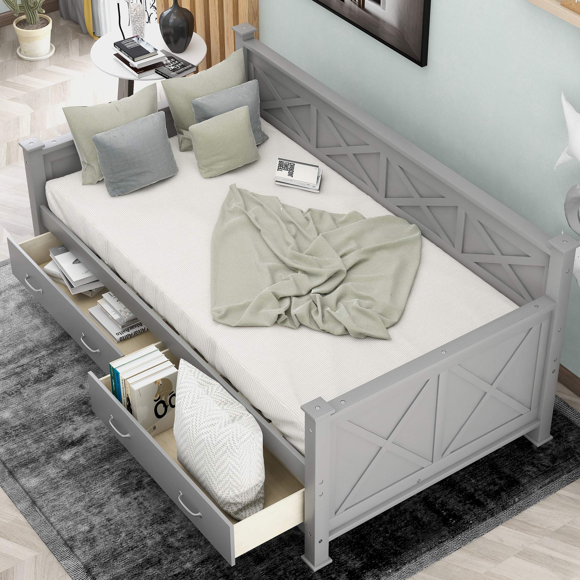 Twin Daybed with Storage Drawers, X-Frame Sofa Bed for Bedroom & Living Room - Grey