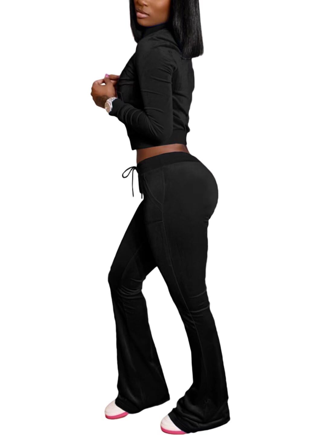 Women's 2-Piece Velour Tracksuit Set - Crop Jacket & Flare Pants | Lounge Wear, Gym Outfits & Street Style Fashion for Comfort & Style