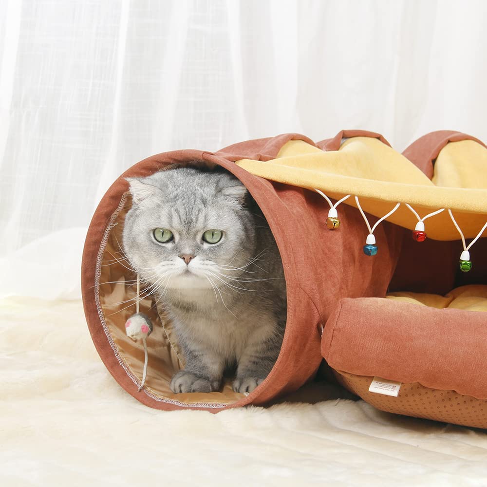 ABLAZEZAI Cat Tunnel Bed - Washable & Removable 2-in-1 Pet Play Tube for Indoor Cats - Premium Durable Cat Toy with 4 Color Options (Wine Red, Gray, Blue, Beige) - Perfect for Hideouts, Playtime & Nap Spaces