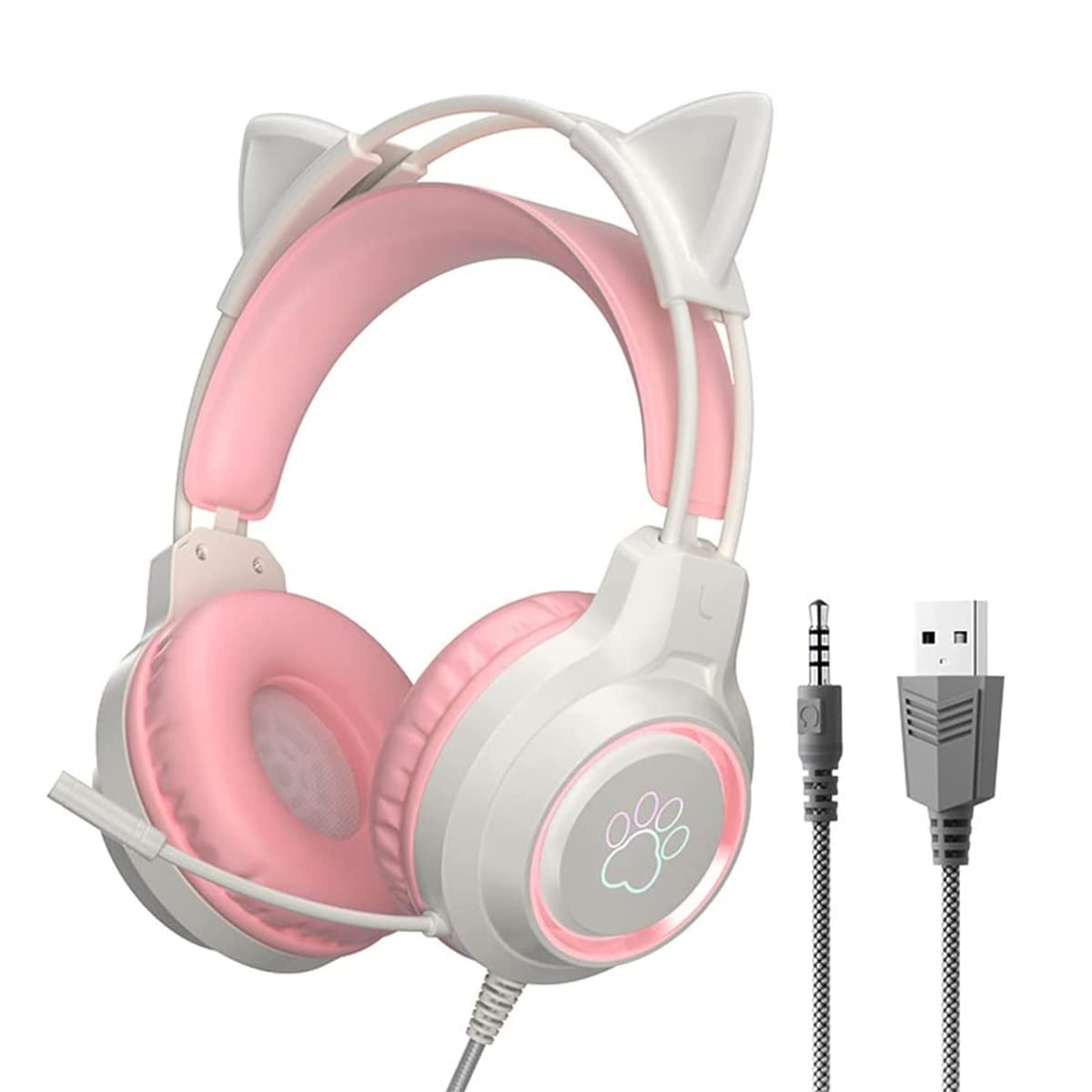 Wireless Gaming Headset with Detachable Cat Ears - 3.5mm Wired RGB Headphones with Adjustable Mic, Memory Foam Ear Cushions & Noise Cancelling for Xbox, PS5, Switch, PC, Mac, Mobile - Perfect for Streaming, Esports & Late-Night Gaming (Pink)