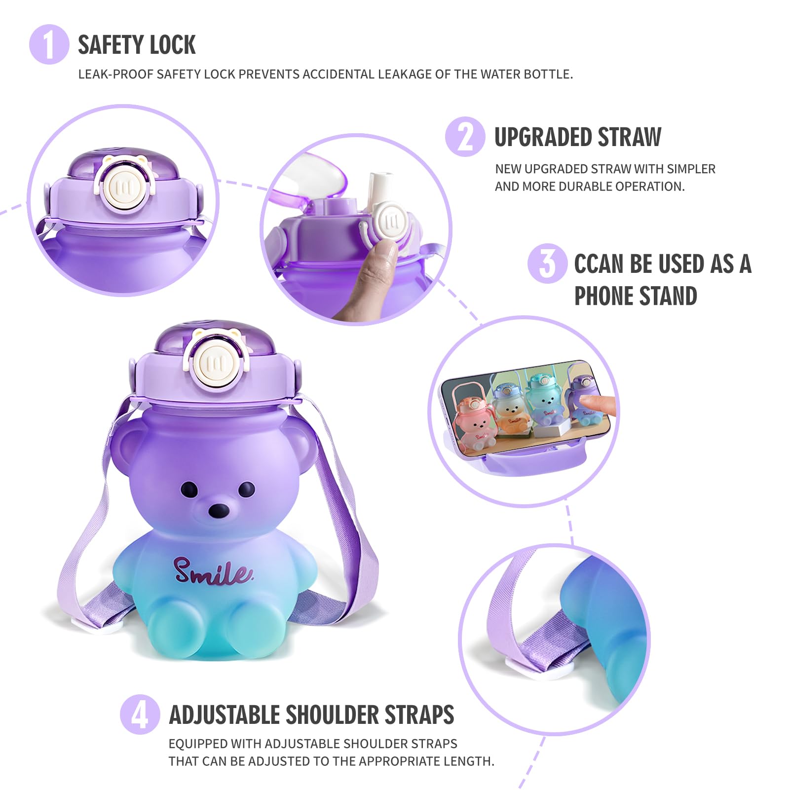 CLWVPCOT 32oz Bear Water Bottle with Straw & Strap - Cute Kawaii Teddy Bear Leak-Proof Water Bottle for Girls & Kids - Perfect for School, Travel, Sports & Outdoor Activities (Pink)