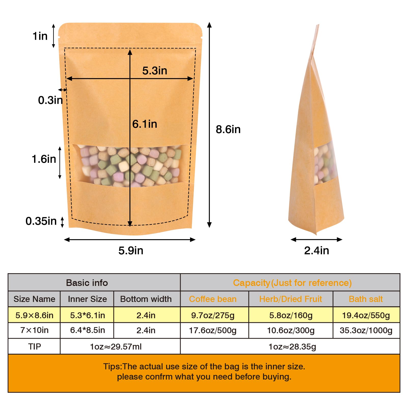 Moretoes 120pcs Resealable Kraft Bags with Window - 5.9×8.6 Inches Stand Up Mylar Bags for Coffee, Candy & Food Storage | Airtight Ziplock Packaging for Home, Business & Retail Use | Perfect for Organizing Snacks, Bulk Items & Small Products