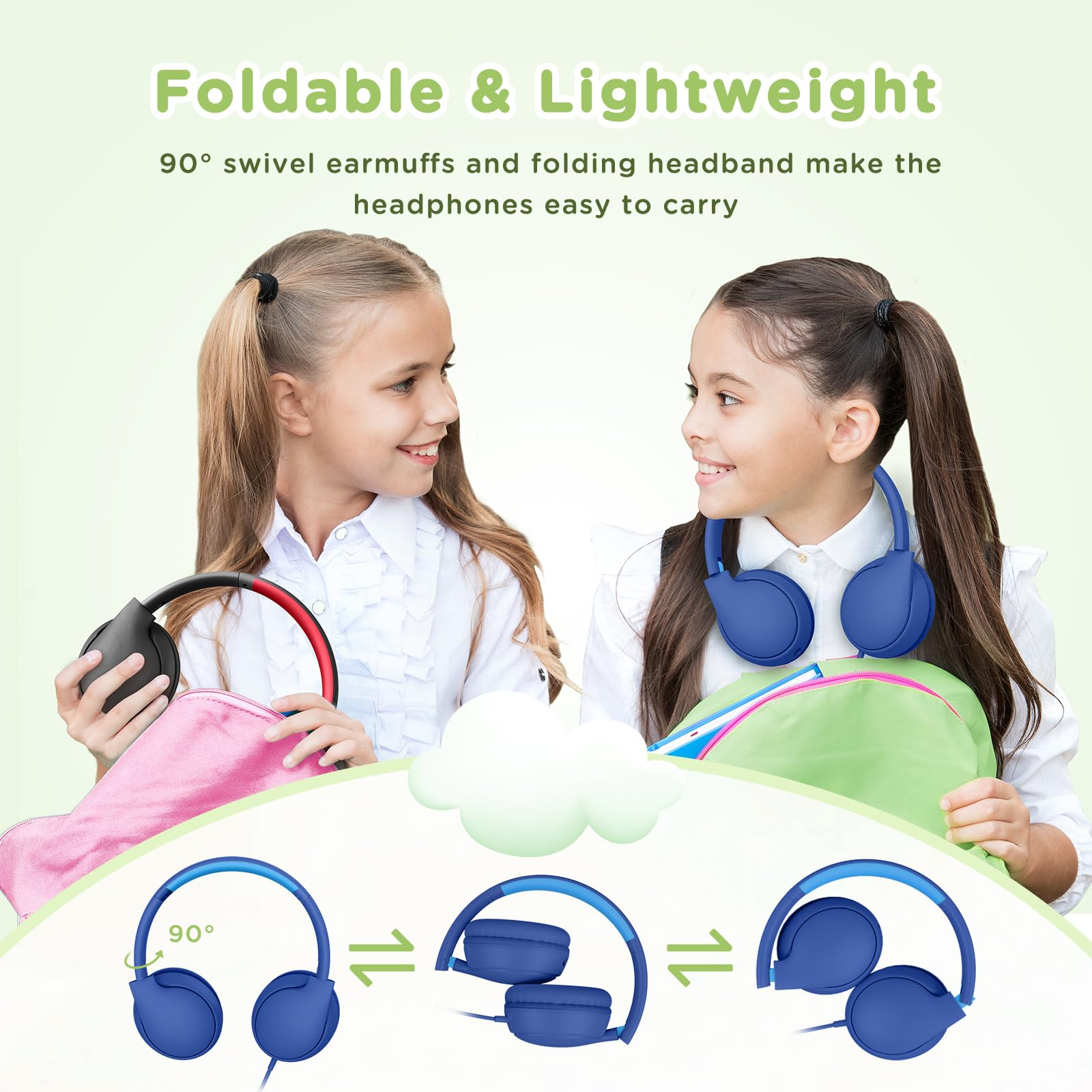 Kids Wired Headphones with Microphone - 85/94dB Volume Limited Over-Ear Headphones for Children | Stereo Sound, Foldable Design & Share Port | Safe for School, Travel & Home Use (Blue)