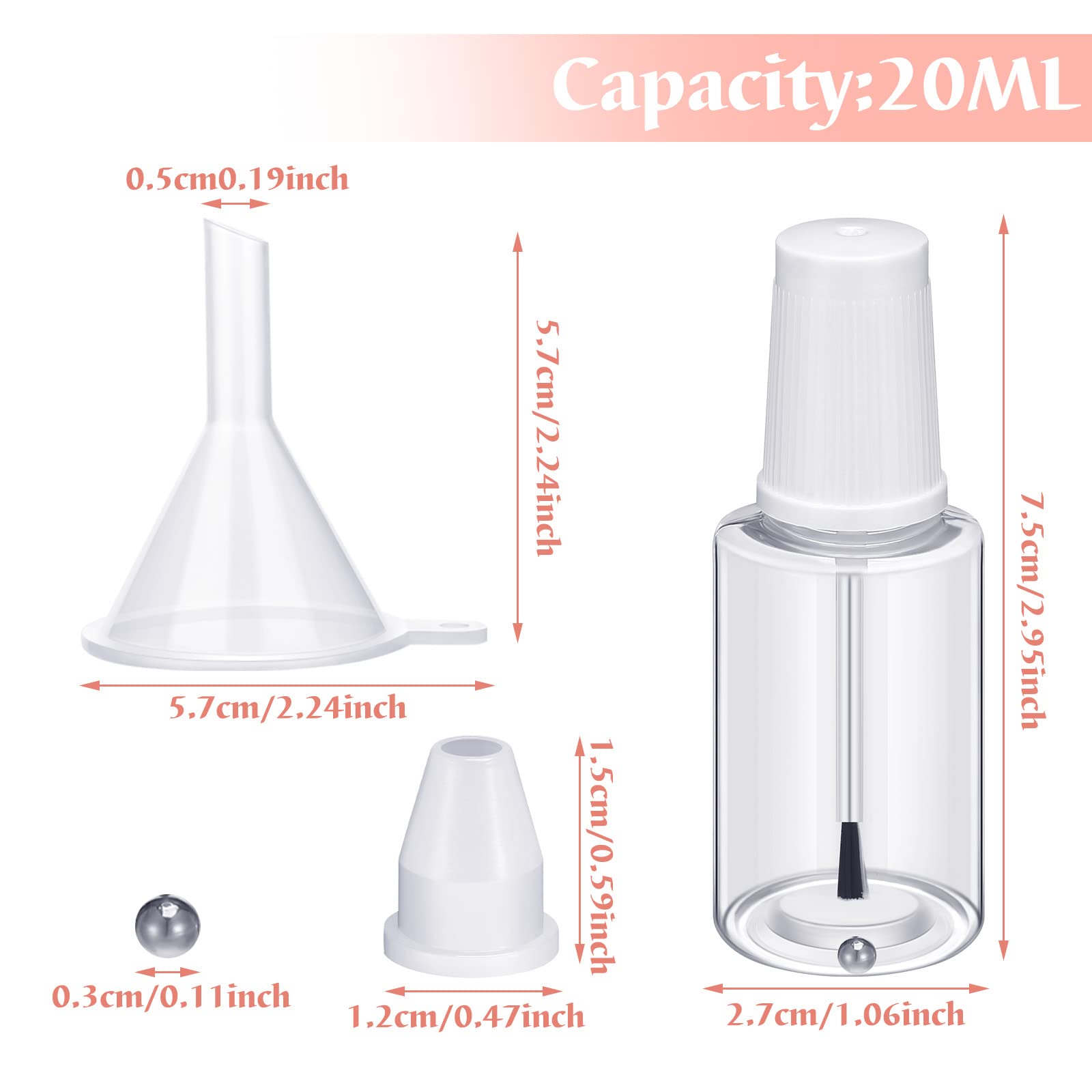 20 Pcs 20ml Refillable Empty Nail Polish Bottles with Brush - Clear Plastic Nail Polish Containers with Mixing Marble & Conservation Insert - Perfect for DIY Nail Art, Salon Use & Travel Storage