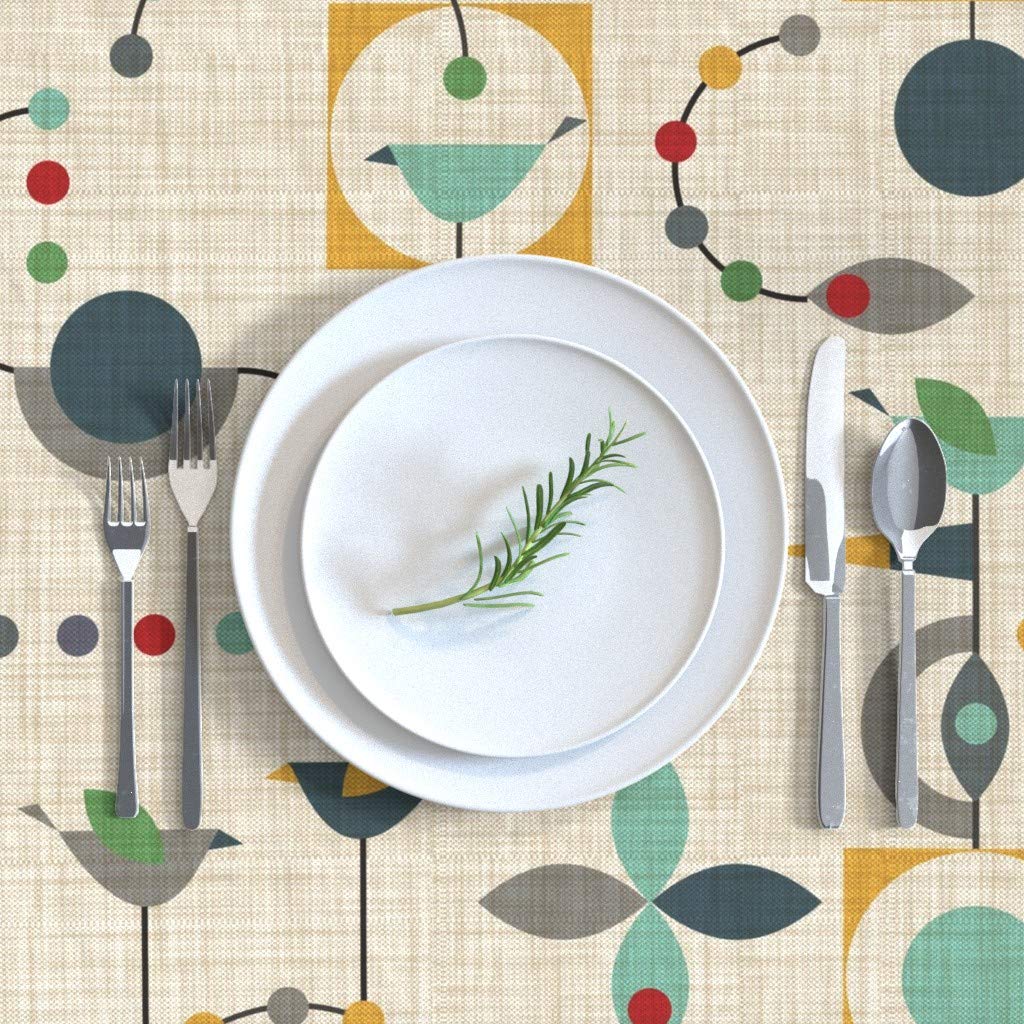 Custom Green Geometric Mid Century Modern Bird Rocket 1950s Atomic Retro Print Cotton Sateen Tablecloth 70