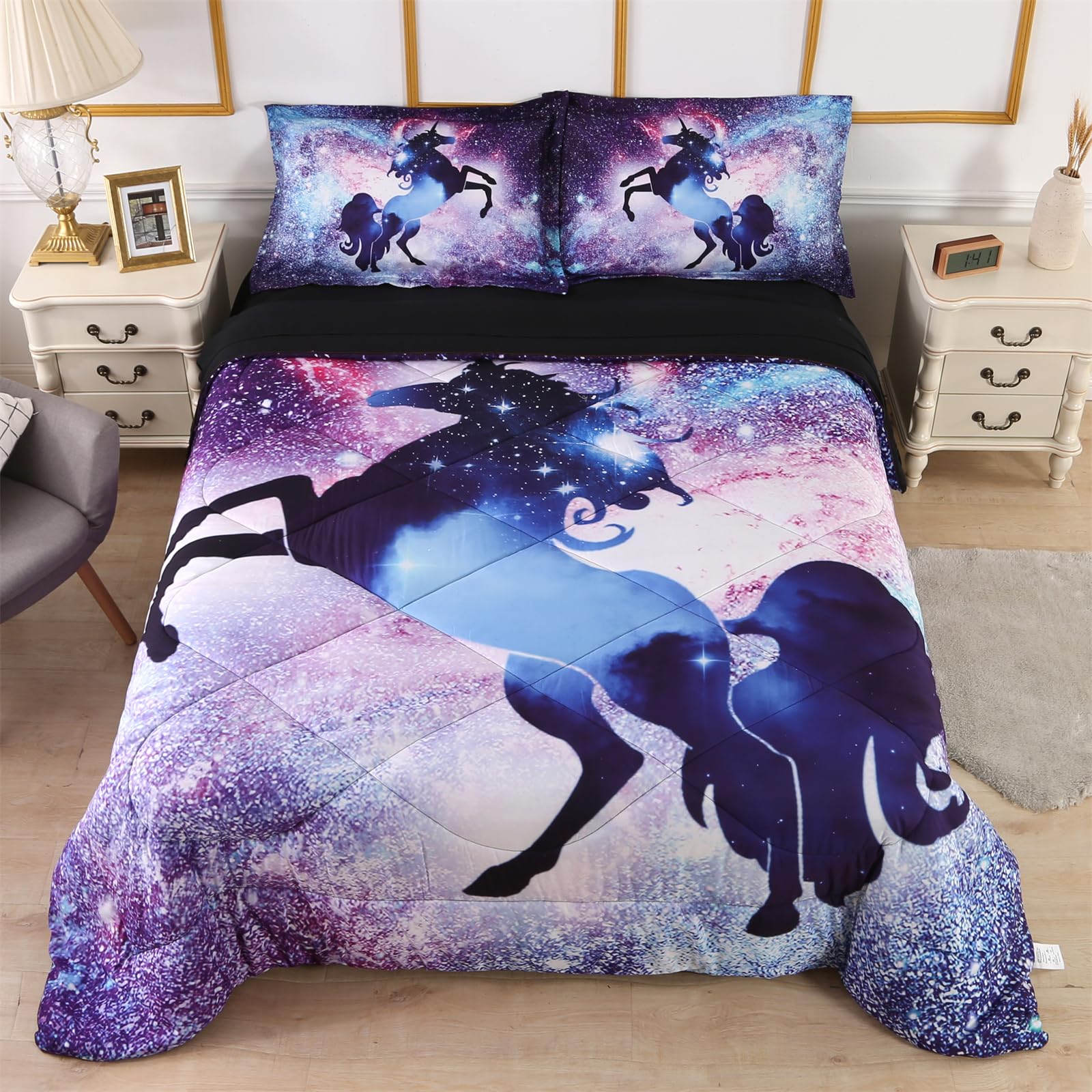 Wowelife 5-Piece Unicorn Full Size Bedding Set - 3D Blue Kids Comforter Set with Comforter, Flat Sheet, Fitted Sheet & 2 Pillowcases | Breathable Bedding for Girls' Room Decor & Fantasy Themed Bedroom