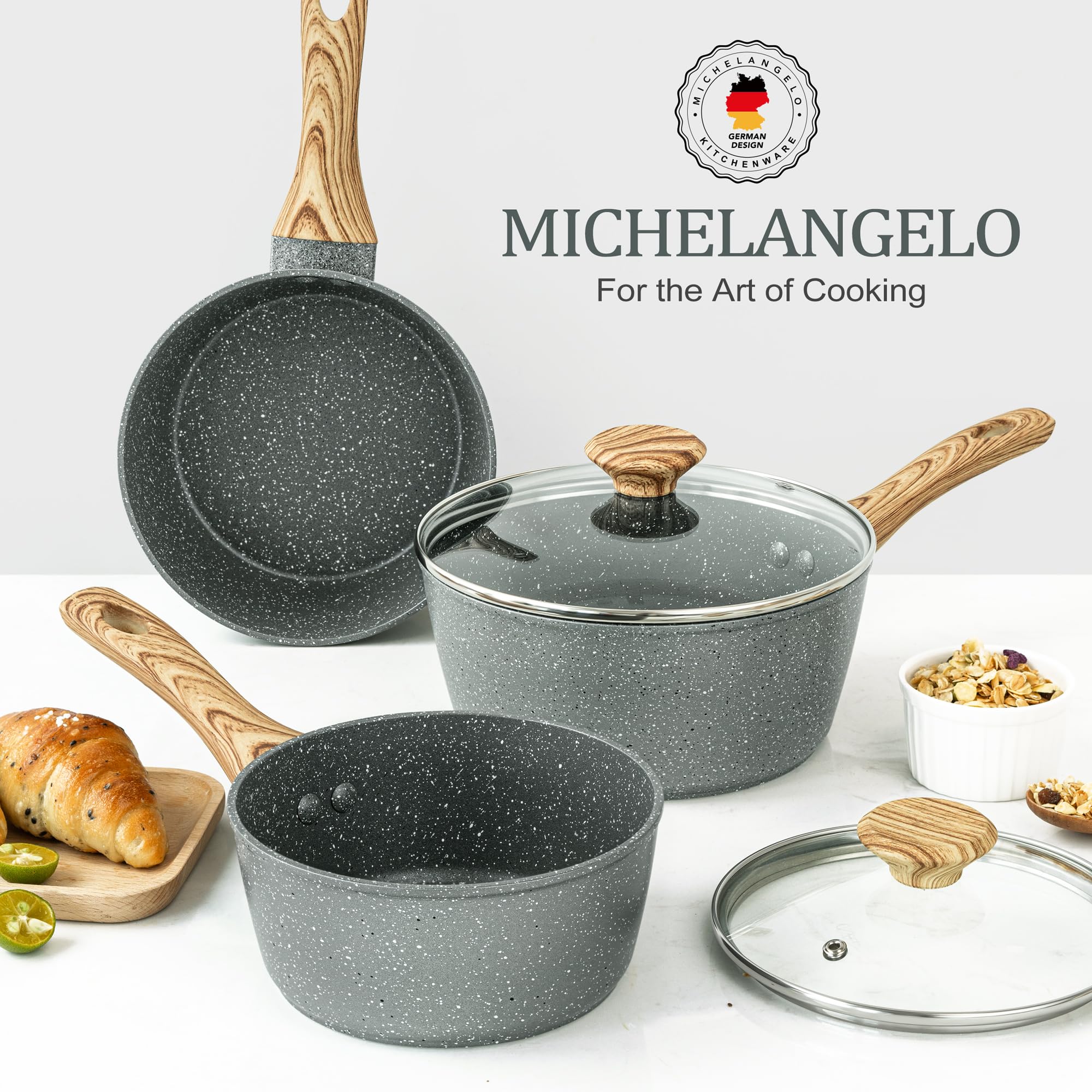 MICHELANGELO Nonstick Sauce Pan Set with Lid - 1.5QT, 2QT & 3QT Granite Coated Cookware (3-Piece, Gray) - Perfect for Cooking Sauces, Soups, Stews & Pasta | Stovetop & Oven Safe
