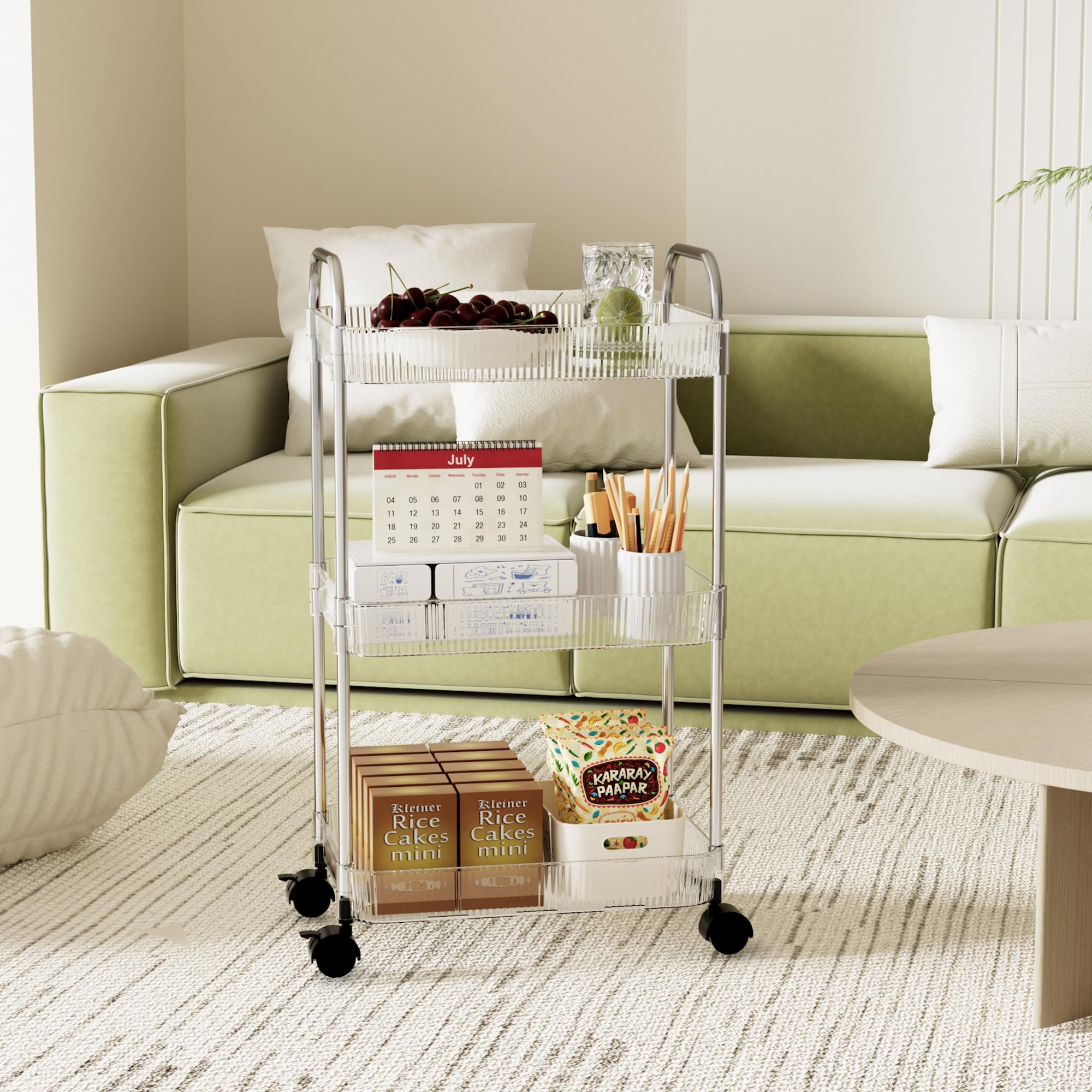 3 Tier Rolling Cart with Wheels - Sturdy Utility Trolley with Handle, Clear Acrylic Mobile Storage Organizer for Kitchen, Bathroom, Office, Nursery | Perfect for Laundry, Books, Snacks, Crafts & Home Organization (Space-Saving Solution)