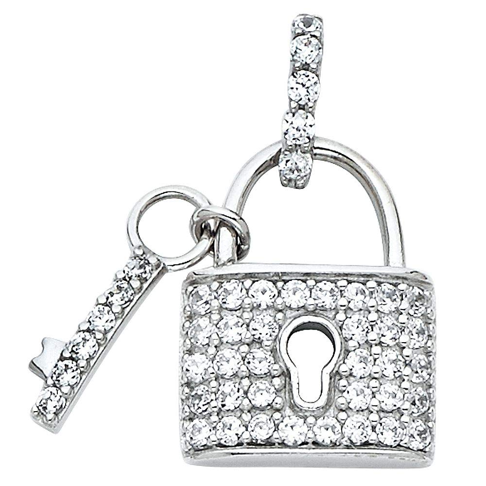 14K Solid White Gold Polished Cubic Zirconia Lock and Key Pendant Necklace - Elegant Jewelry Gift for Women, Perfect for Valentine's Day, Anniversary or Special Occasions