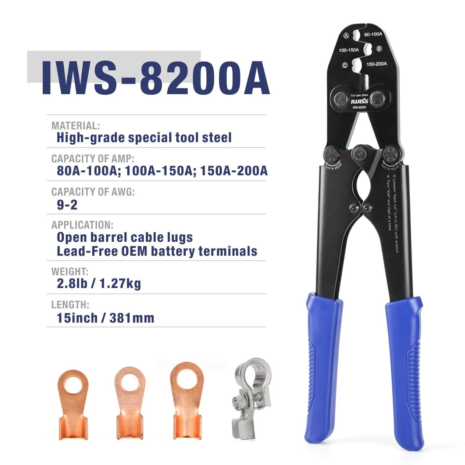 IWS 8200A Professional Battery Cable Crimper Tool for AWG9 2 Open Barrel Lug Terminals - Lead Free OEM Quality - Perfect for Automotive, Marine, and Solar Power Applications