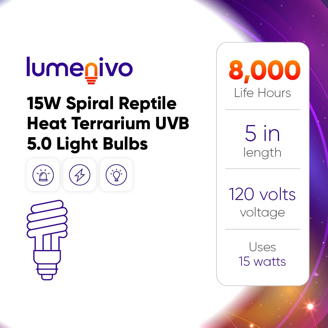 Lumenivo 15W UVB Reptile Light Bulb 5.0 - Spiral Heat Lamp for Terrariums - Ideal for Turtles, Geckos, Tortoises, Snakes, Lizards & Chameleons - 120V - 2 Pack - Perfect for Reptile Habitat Lighting & Vitamin D3 Synthesis