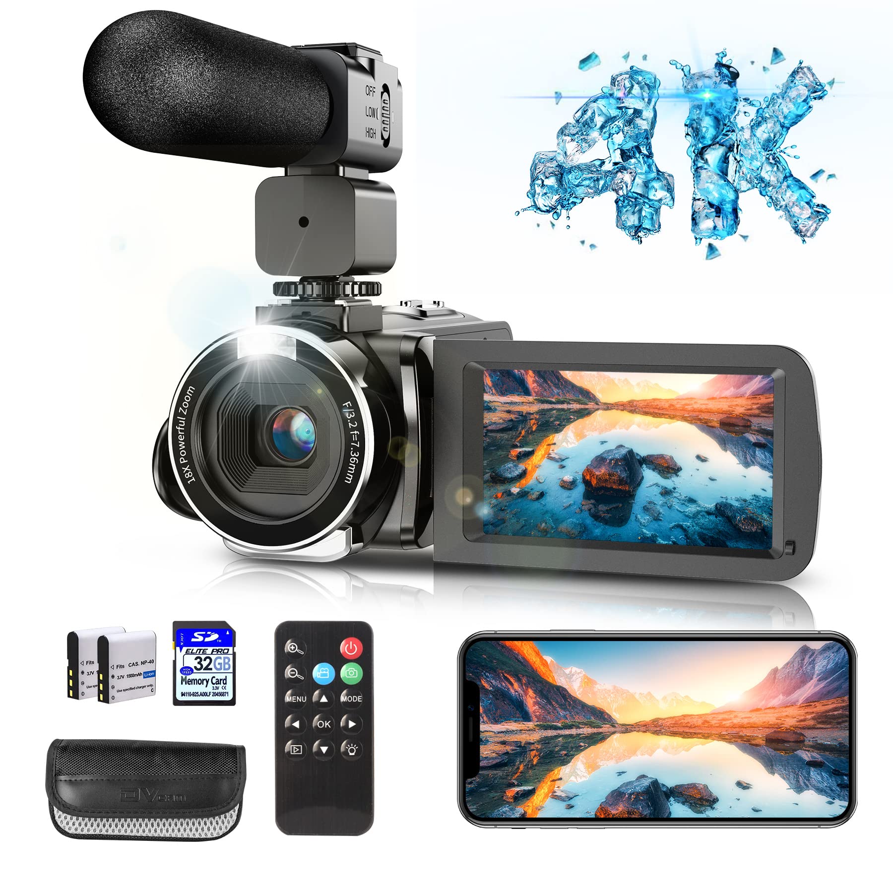 4K Video Camera with HD Microphone, WiFi Camcorder with IR Night Vision & 18X Digital Zoom - YouTube Vlogging Camera, Kids Video Recorder, Built-in Mic & Remote Control (Includes 2 Batteries) - Perfect for Travel, Family Events & Outdoor Adventures