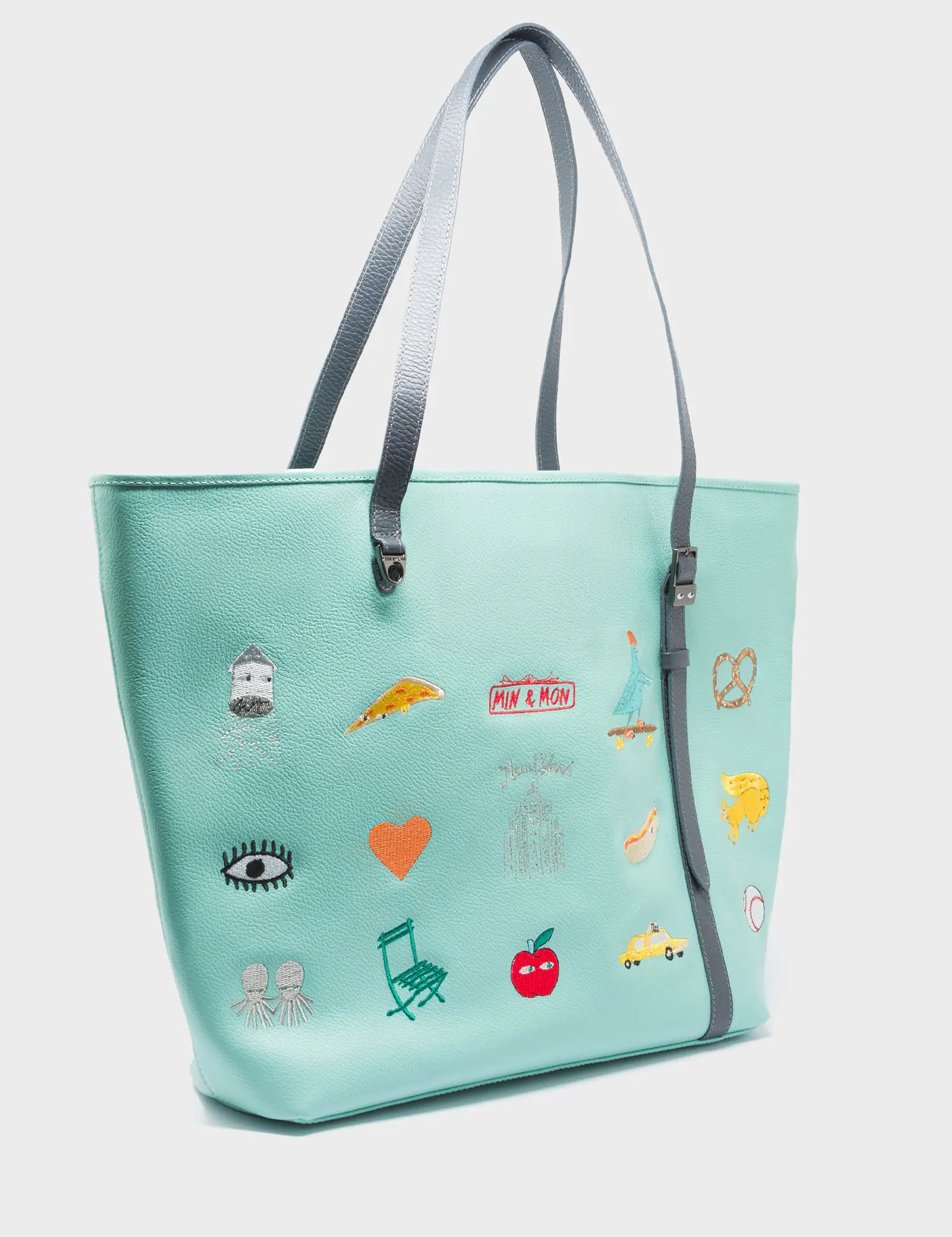 Bruno Oceanic Green Leather Tote Bag with Eye Love New York Embroidery - Stylish & Durable Handbag for Work, Travel & Everyday Use