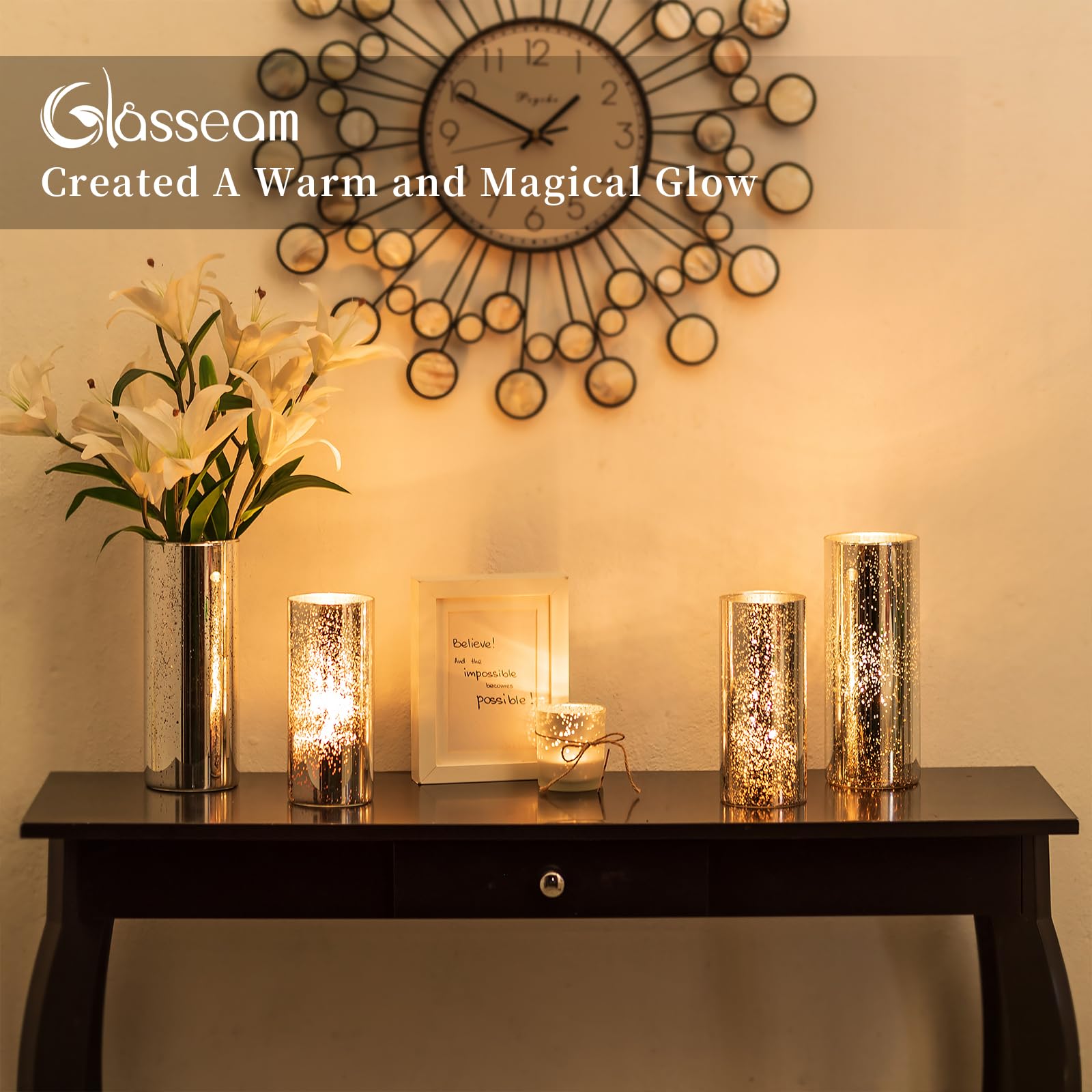 Glasseam Silver Hurricane Candle Holder Set of 2 - Modern Mercury Glass Cylinder Candle Holders for Pillar Candles, Floating Candle Vases - Perfect for Wedding Centerpieces, Dining Table Decor, Christmas Holiday Home Decor