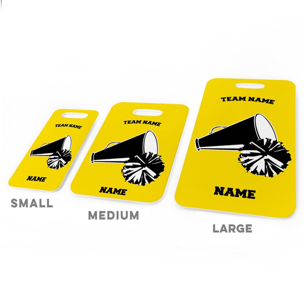 Personalized Cheerleading Luggage Tag - Custom Cheer Team Pom Pom & Megaphone Design - Small Yellow/Black Bag Tag with Standard Lines - Perfect for Gym Bags, Cheer Competitions & Travel Accessories