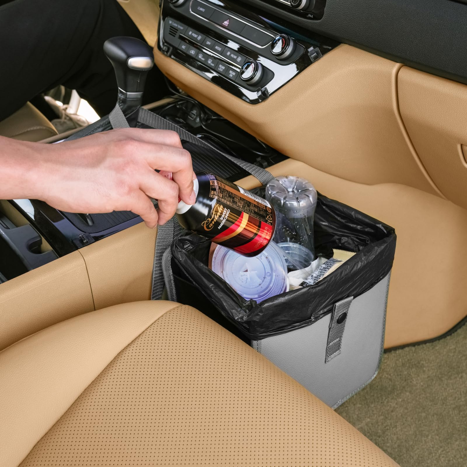 Foldable Hanging Car Trash Can - Vegan Leather Auto Garbage Bin with Oxford Cloth Lining for Vehicles (Medium, Gray) | Perfect for Road Trips, Commuting & Keeping Your Car Clean