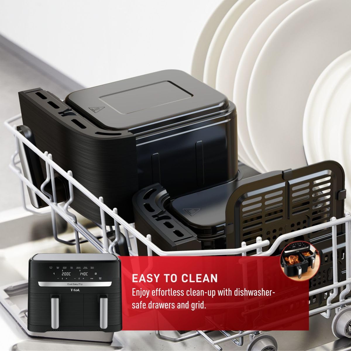 T-fal Dual Easy Fry XL Air Fryer 7-in-1 with 2 Baskets - 8.7 Qt Large Capacity for Air Frying, Roasting, Baking, Reheating & Dehydrating | Extra Crisp Technology | Sync Mode | Dishwasher Safe Black & Metal Baskets | Perfect for Family Meals, Healthy Cooking & Quick Snacks