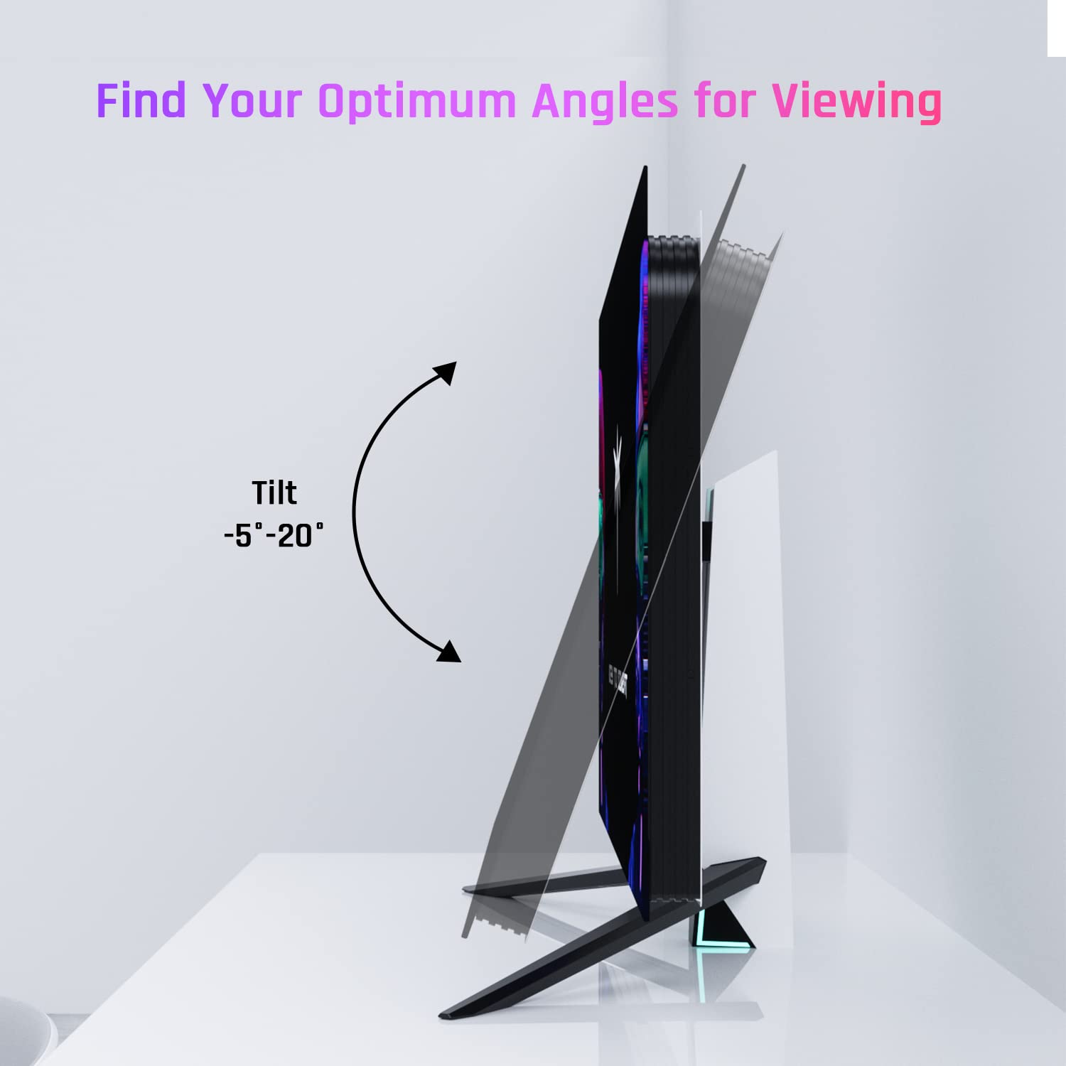 Ergonomic White Computer Monitor Stand with RGB Lighting - Adjustable Tilt (-5° to +20°), 100×100mm VESA Mount Compatible for Gaming & Office Monitors - Perfect for OLED Screens, Workstations & Home Desks