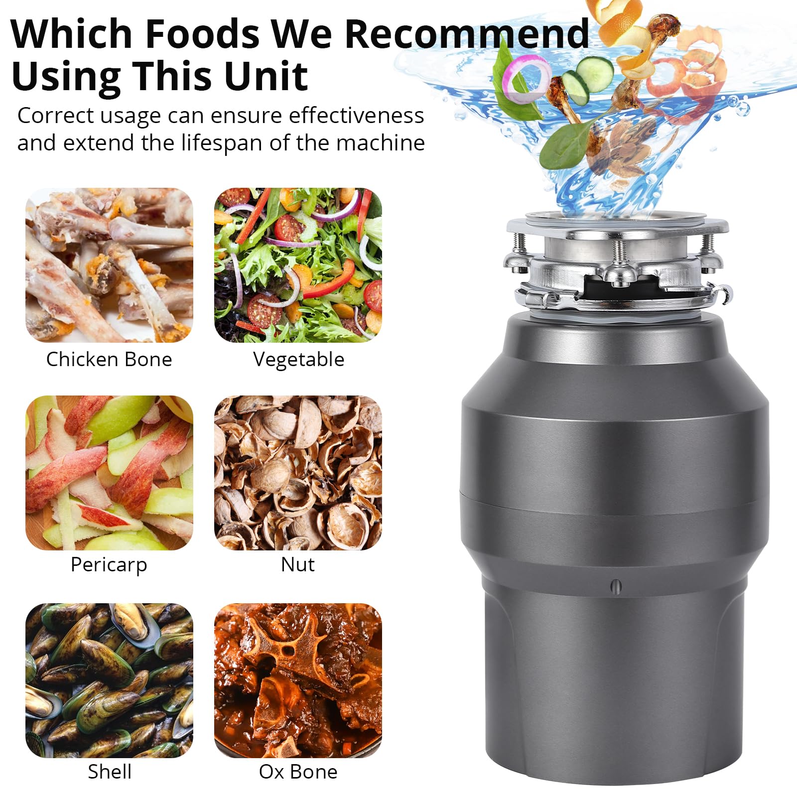 1/2 HP Continuous Feed Garbage Disposal with Air Switch - 380W 3500 RPM Food Waste Disposer - 14 Inch Power Cord - Ideal for Kitchen Sink Waste Management & Dish Cleaning
