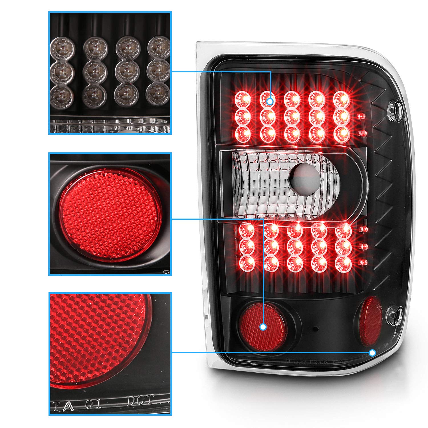 AmeriLite Black LED Replacement Brake Tail Lights for 2001-2011 Ford Ranger - Left & Right Side - Durable, Bright & Waterproof - Perfect for Night Driving & Off-Road Adventures
