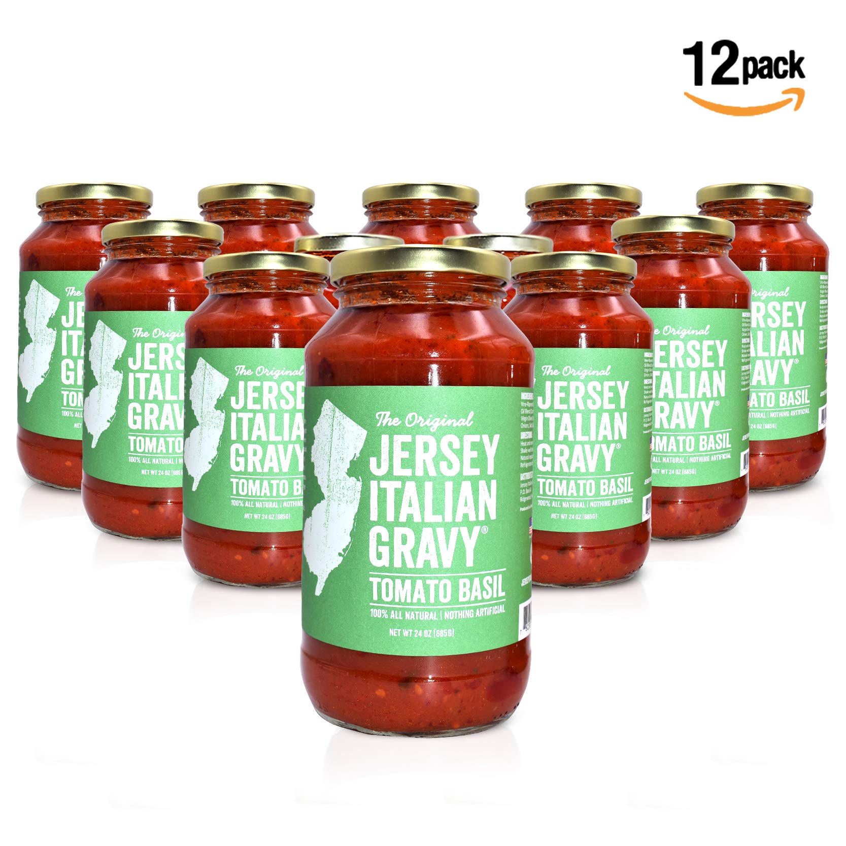 Authentic Italian Tomato Basil Pasta Sauce - 24 OZ Jar (12 Pack) | All Natural, Vegan Friendly Gourmet Gravy | No Artificial Ingredients | Perfect for Pasta, Pizza, Lasagna & Italian Cooking