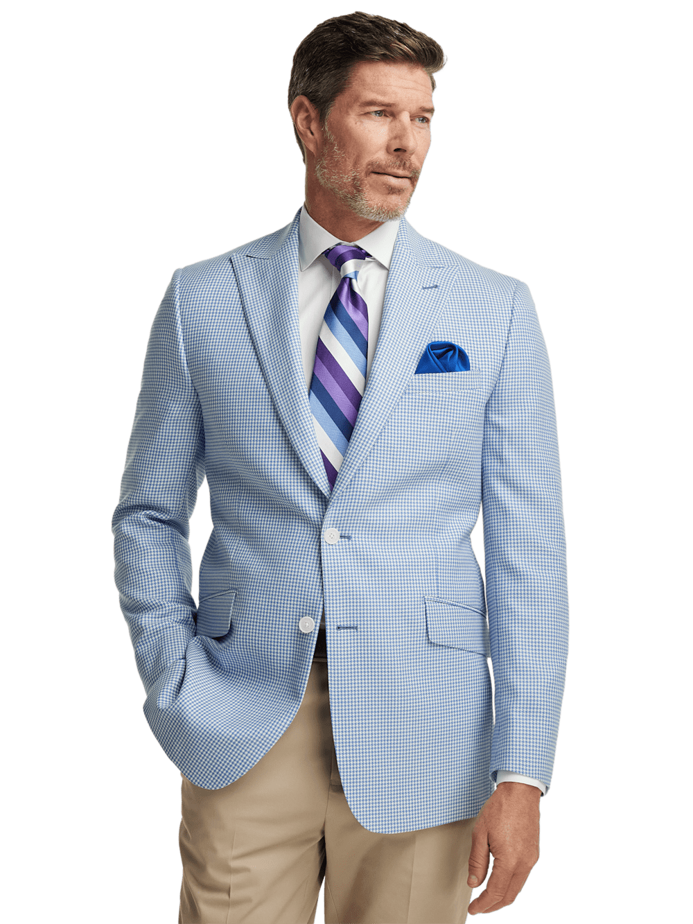 Premium Wool Houndstooth Single-Breasted Peak Lapel Blazer - Ocean Blue | Men's Formal Business Suit Jacket for Office, Weddings & Special Occasions