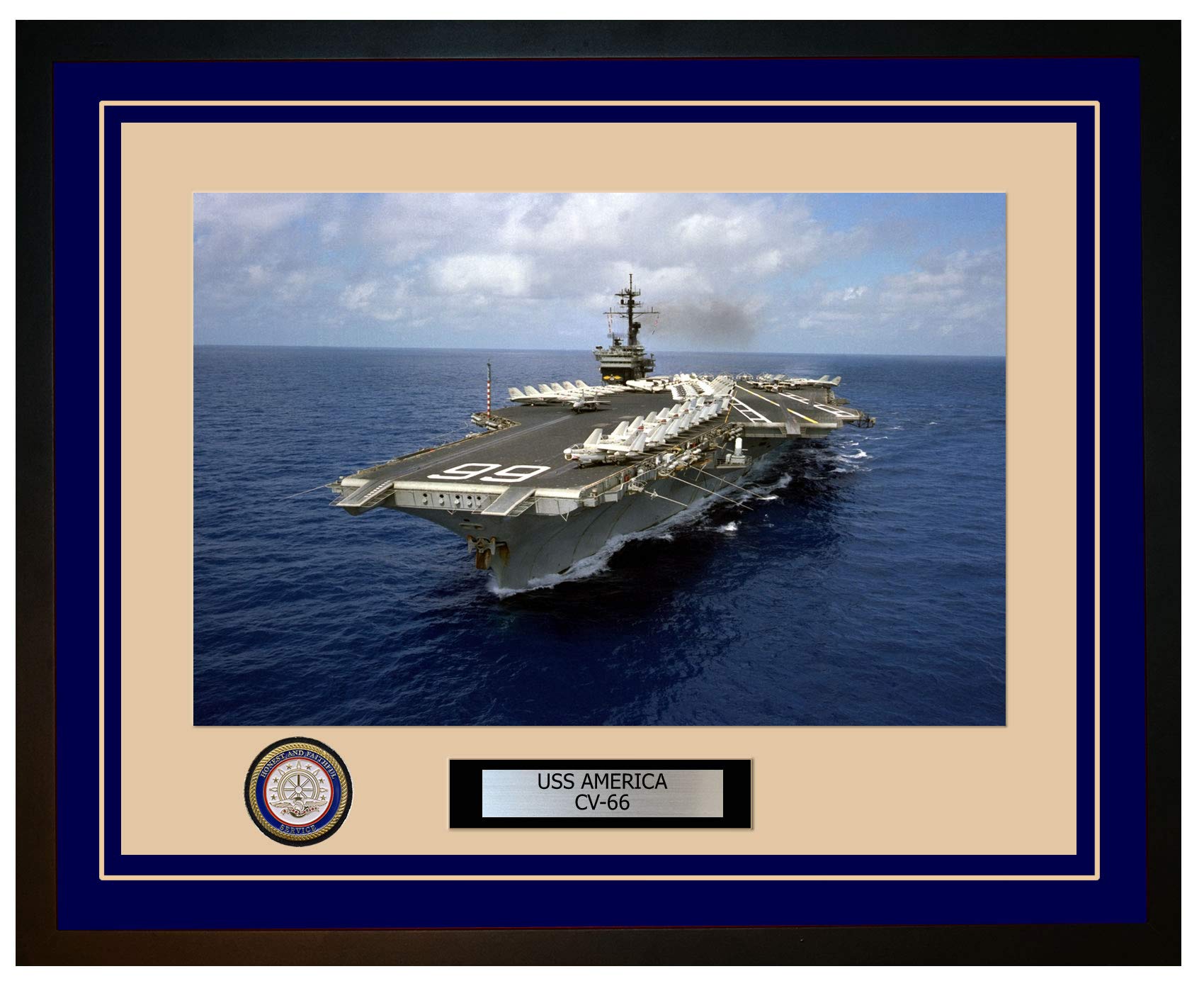 USS America CV-66 Framed Navy Ship Photo - Premium Blue Wooden Frame - Perfect for Military History Enthusiasts, Home Office Decor & Veterans Gifts