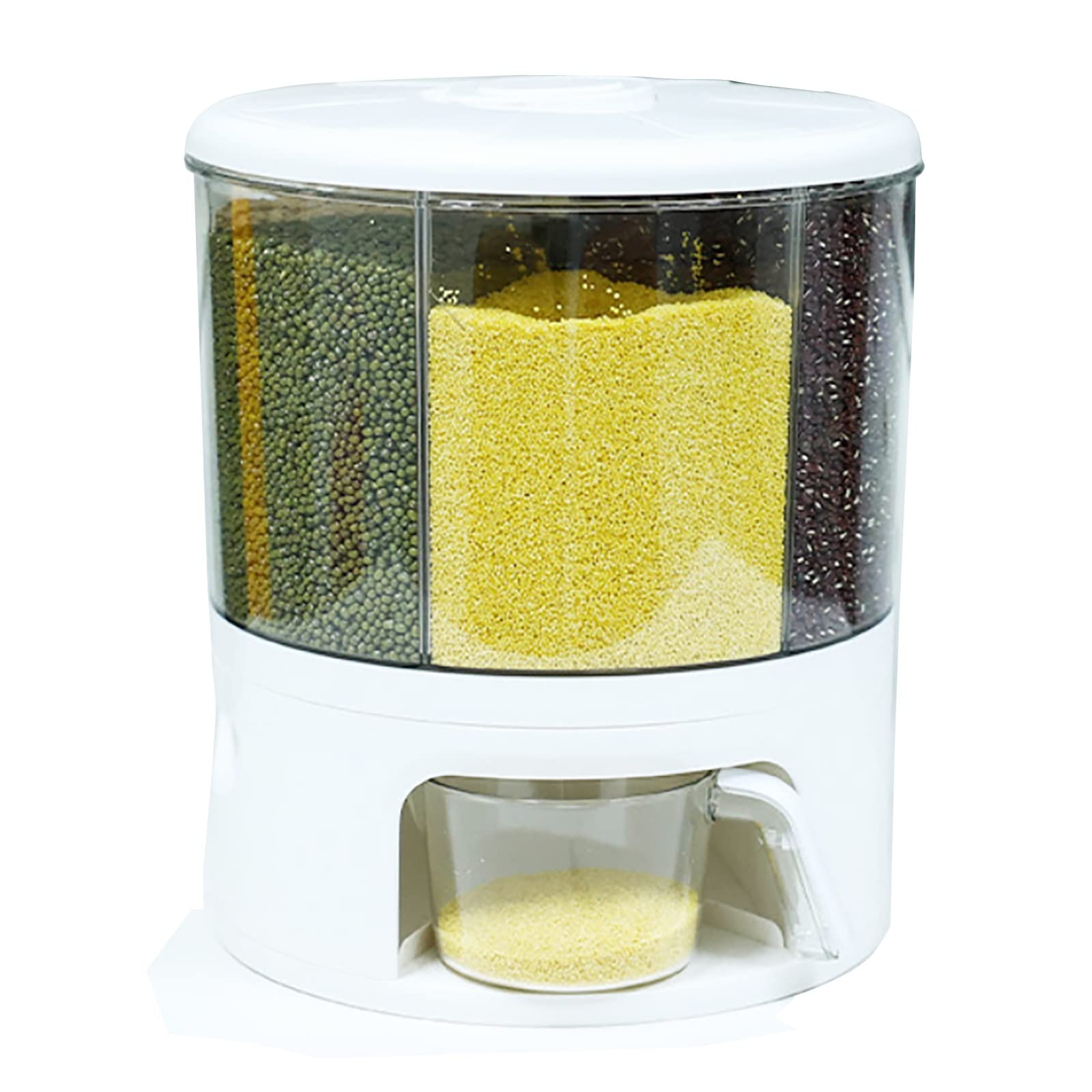 ZJFSX 6-Grid 22lbs Rotating Rice Dispenser & Grain Storage Container - Airtight, Transparent Food Storage Bucket for Rice, Beans, Snacks, Dog Food - Perfect for Kitchen, Pantry & Pet Food Organization (White)