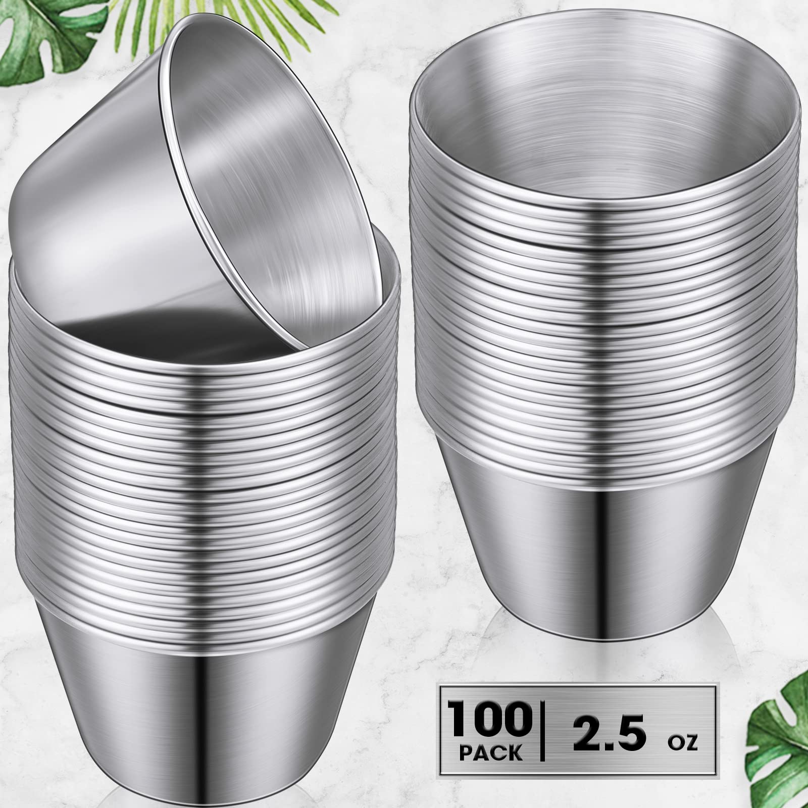 100 Pack 2.5 oz Stainless Steel Condiment Cups - Reusable Dipping Sauce Dishes for Vinegar, Butter, Ketchup, Honey | Perfect for Parties, BBQs, Picnics & Restaurants