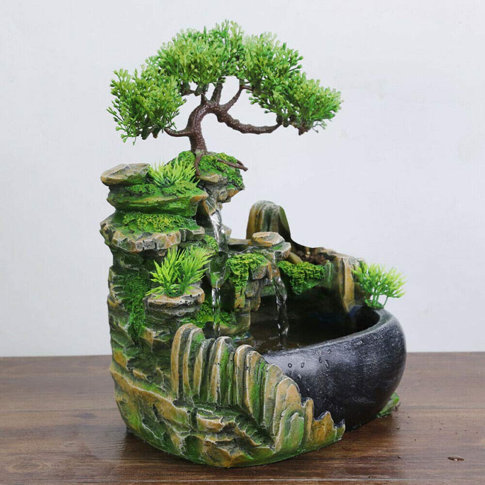 Indoor Tabletop Fountain with Rockery, Waterfall, Plants & LED Light - Desktop Water Feature & Humidifier for Office, Home, Bedroom Decor | US Stock | Perfect for Relaxation, Meditation & Stress Relief