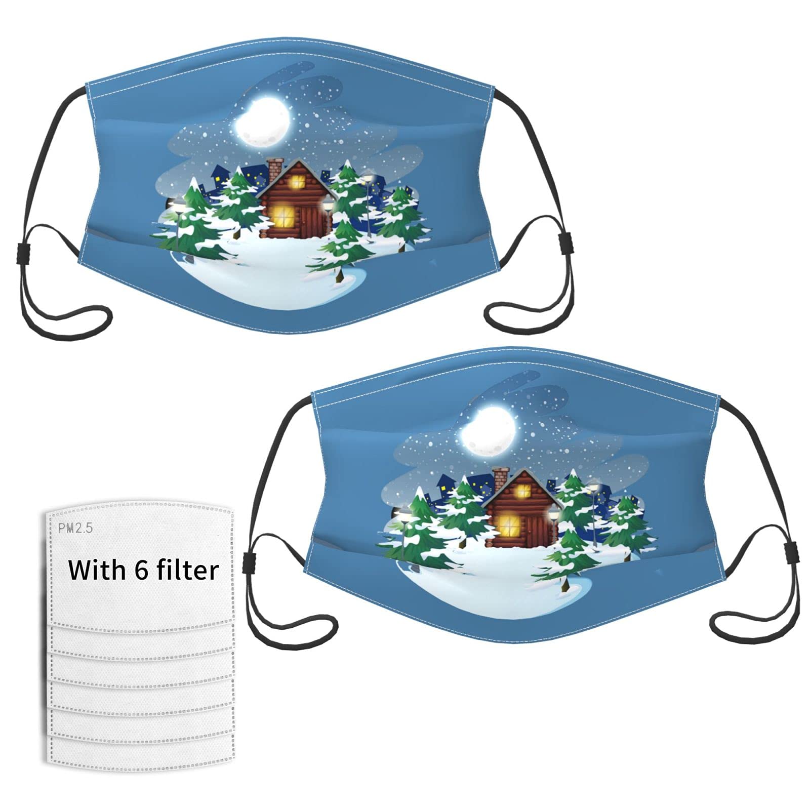 Kids Reusable Washable Adjustable Cloth Face Mask - Winter House Design - 2 Pack (No Filter Included) - Perfect for School, Outdoor Activities & Cold Weather Protection