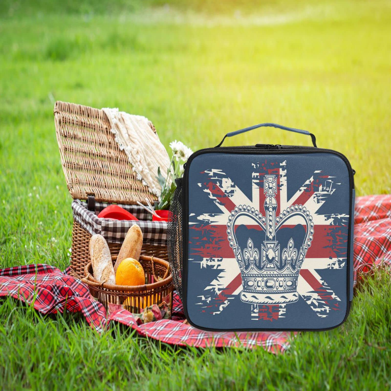 Retro British Flag Crown Insulated Lunch Box - Reusable Thermal Cooler Tote Bag with Shoulder Strap for Kids, Students & Adults - Perfect for School, Work, Picnics & Outdoor Travel