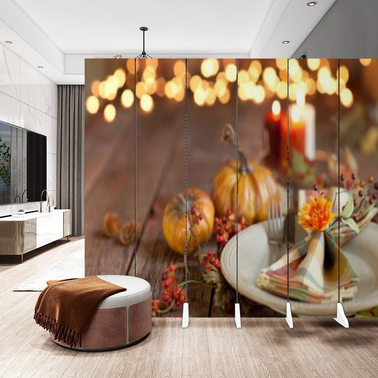 6 Panel Rustic Wood Folding Room Divider Screen - Autumn Thanksgiving Dining Table Decor, Privacy Partition for Home & Office - Perfect for Room Separation, Event Backdrops, and Cozy Interior Design