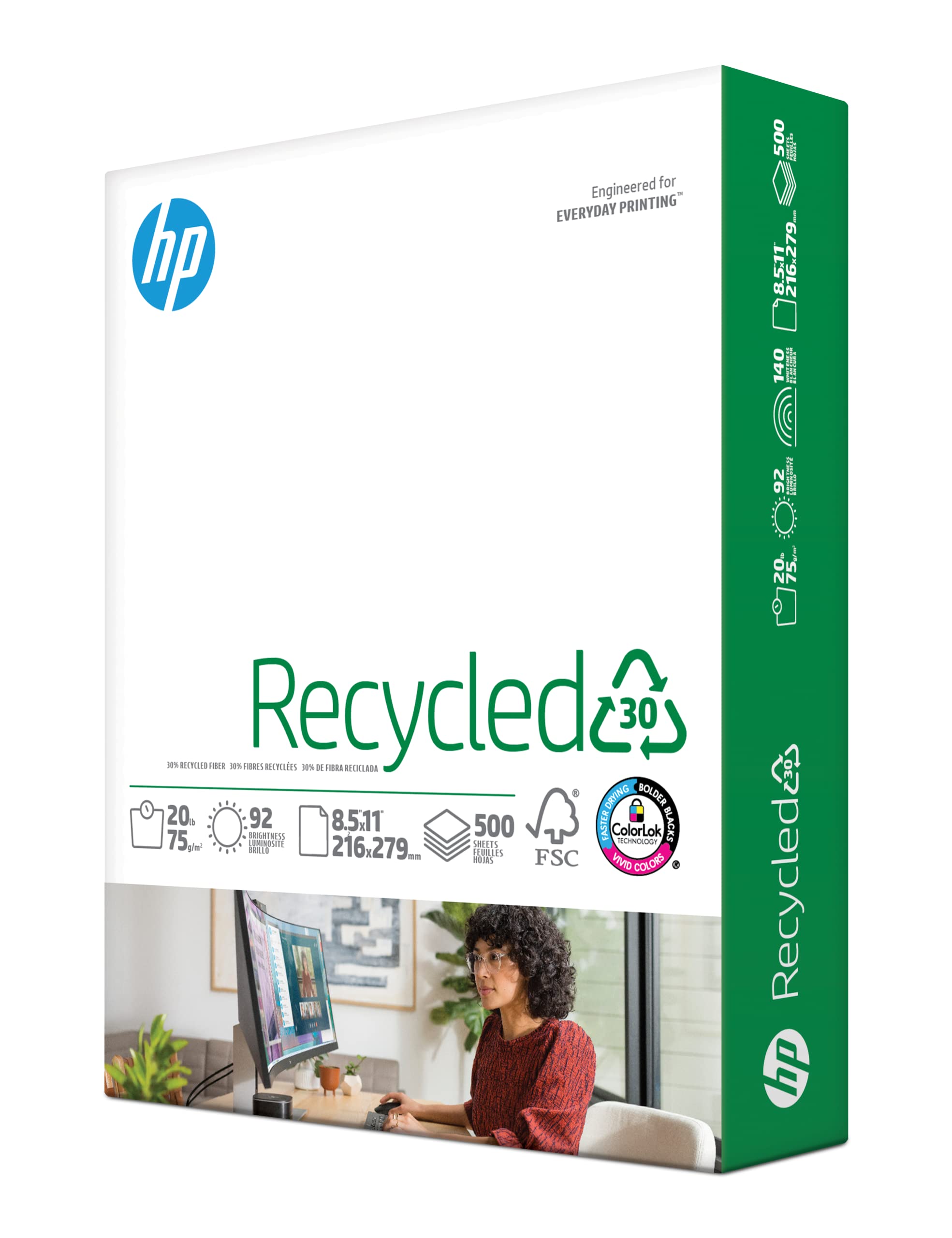 HP Printer Paper 8.5 x 11 Inches, 30% Recycled Copy Paper - 1 Ream (500 Sheets), 92 Brightness, FSC Certified, Made in USA | Ideal for Home Office, School, and Business Printing