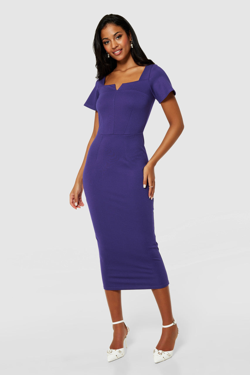 Anna Pencil Midi Dress - Flattering Purple Bodycon Dress for Women | Perfect for Office, Cocktail Parties & Date Nights